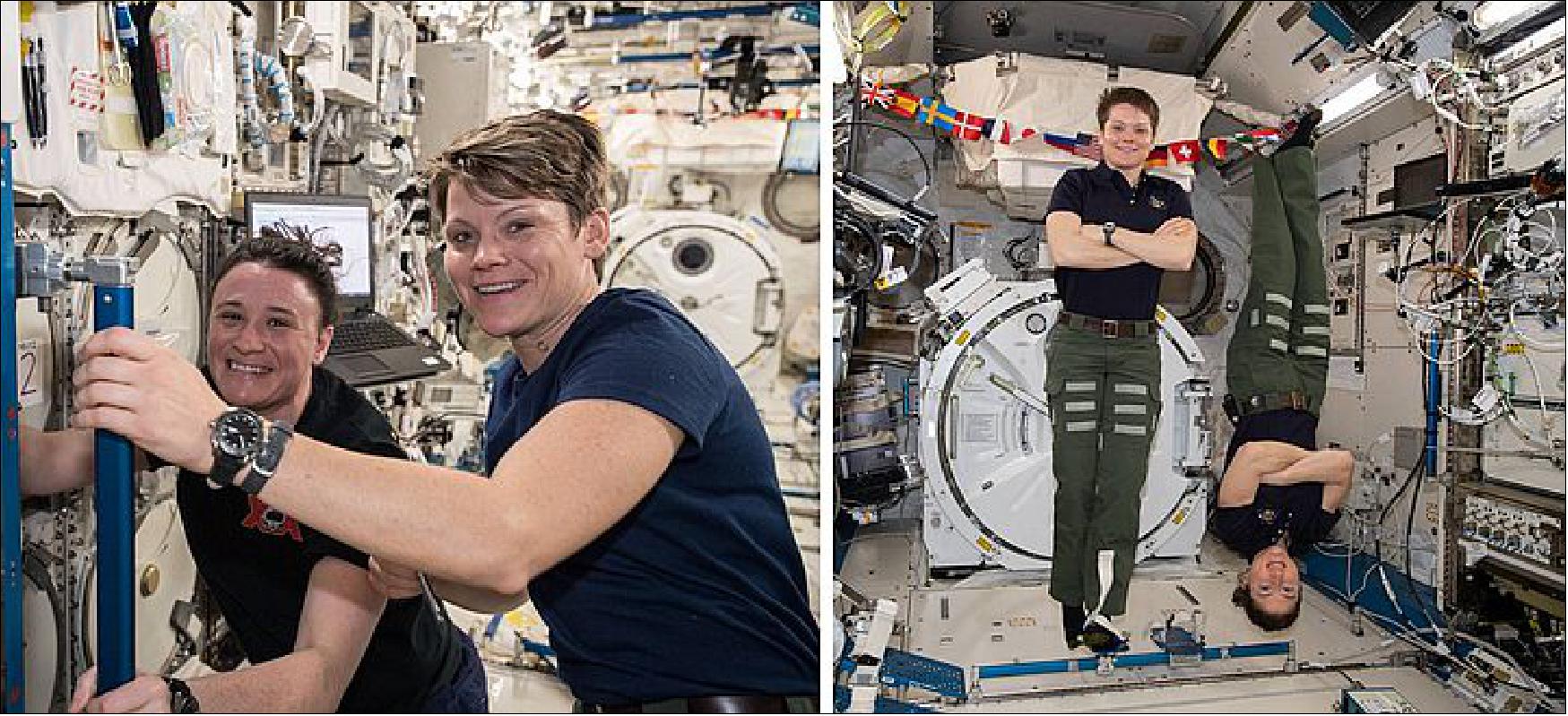 Figure 102: Left: Auñón-Chancellor (at left) and McClain working together in the Kibo module during Expedition 57. Right: McClain (at left) and Koch demonstrating weightlessness during Expedition 59 (image credit: NASA/JSC)