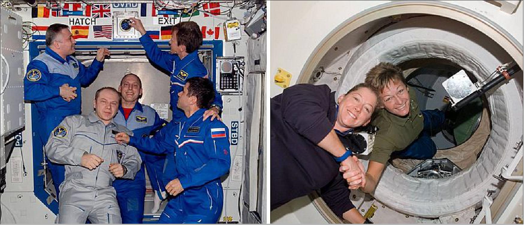 Figure 100: Left: During the change of command ceremony, Expedition 16 Commander Whitson (top right) hangs the crew's patch in the Destiny module. Right: STS-120 Commander Melroy (at left) and ISS Expedition 16 Commander Whitson meet at the hatch between the two vehicles (image credit: NASA/JSC)