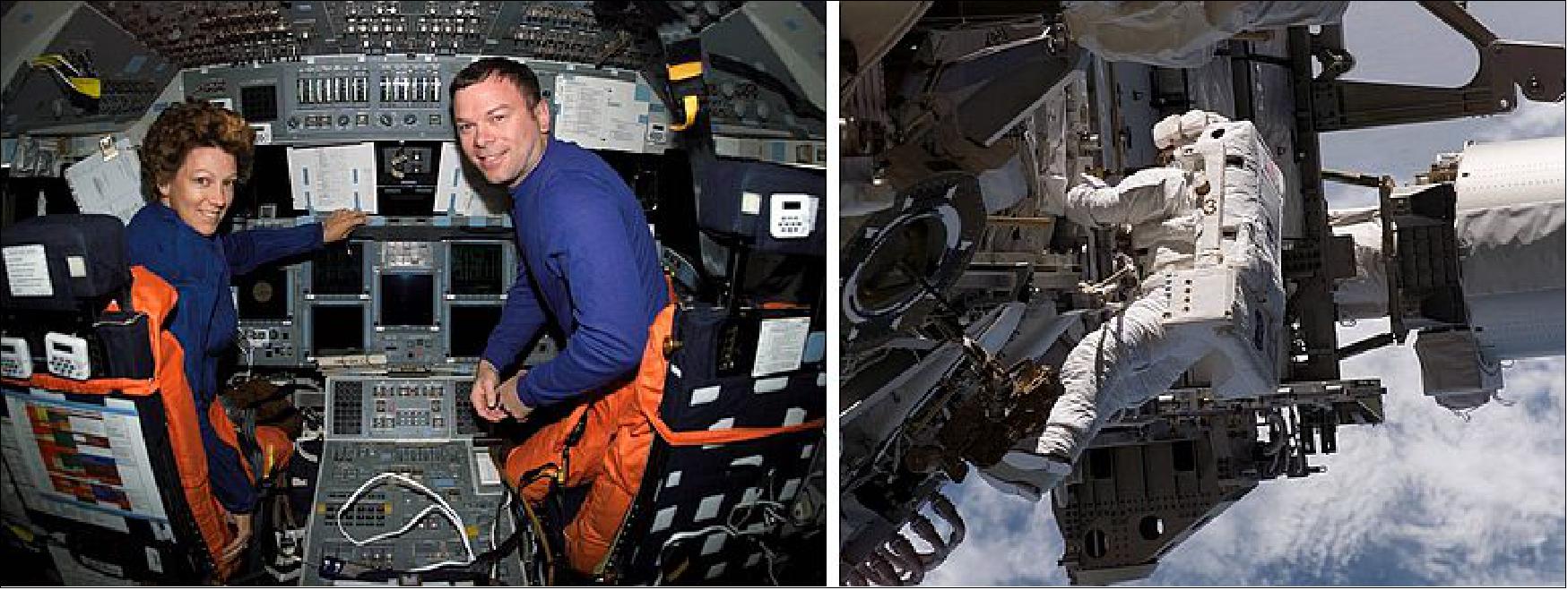 Figure 99: Left: STS-114 Commander Collins (at left) with Pilot James M. "Vegas" Kelly on the flight deck of Discovery. Right: Piper working on the P3/P4 truss segment during an EVA on STS-115 (image credit: NASA/JSC)