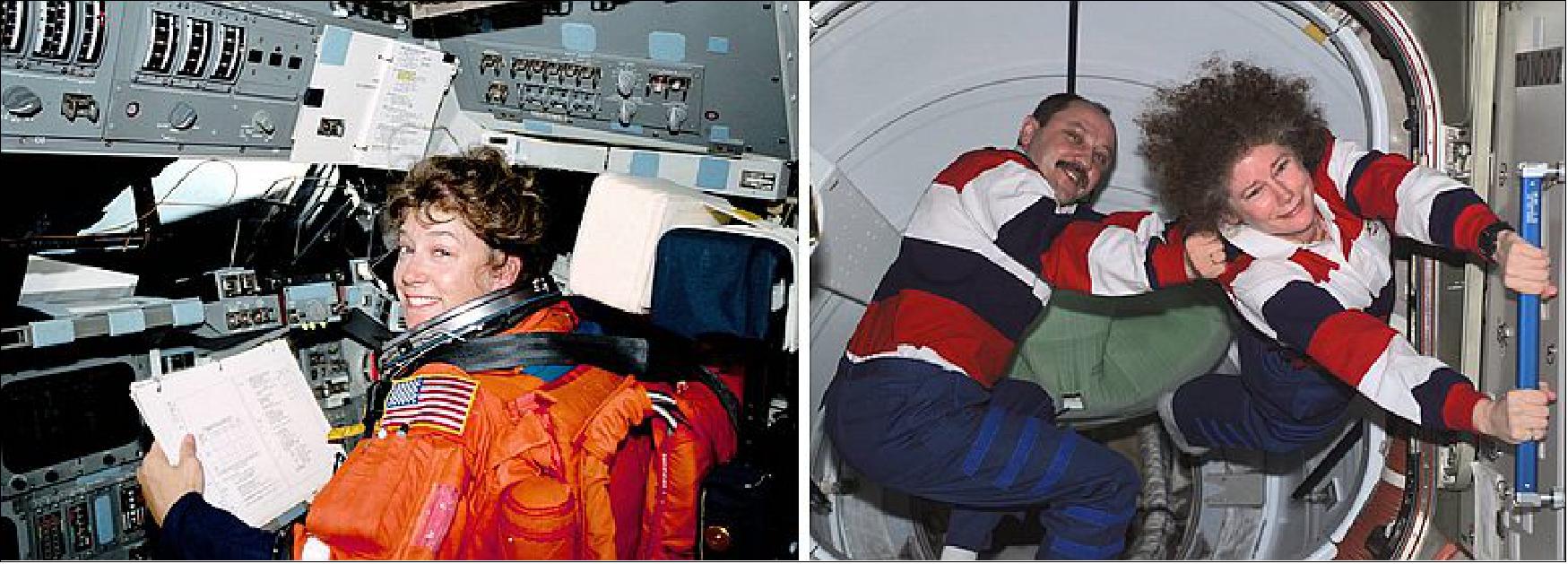 Figure 98: Left: STS-92 Pilot Melroy shortly after reaching orbit. Right: Expedition 2 Commander Yuri V. Usachev (at left) coaxing a reluctant Flight Engineer Helms to leave ISS at the end of their mission (image credit: NASA/JSC)