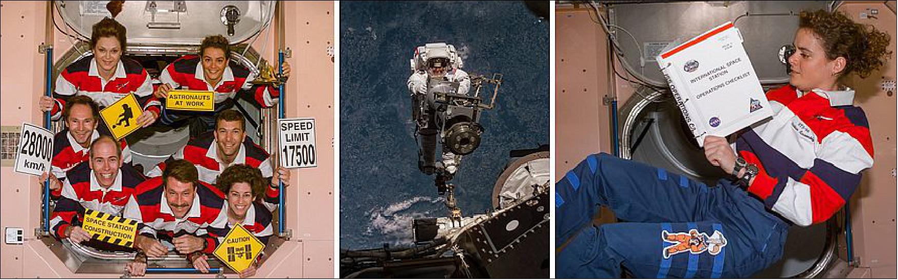 Figure 97: Left: STS-96 crew in the Unity Node 1 module, with Jernigan and Payette in the top row and Ochoa at bottom right. Middle: Jernigan during the STS-96 EVA. Right: Payette in the Unity Node 1 module (image credit: JASA/JSC)
