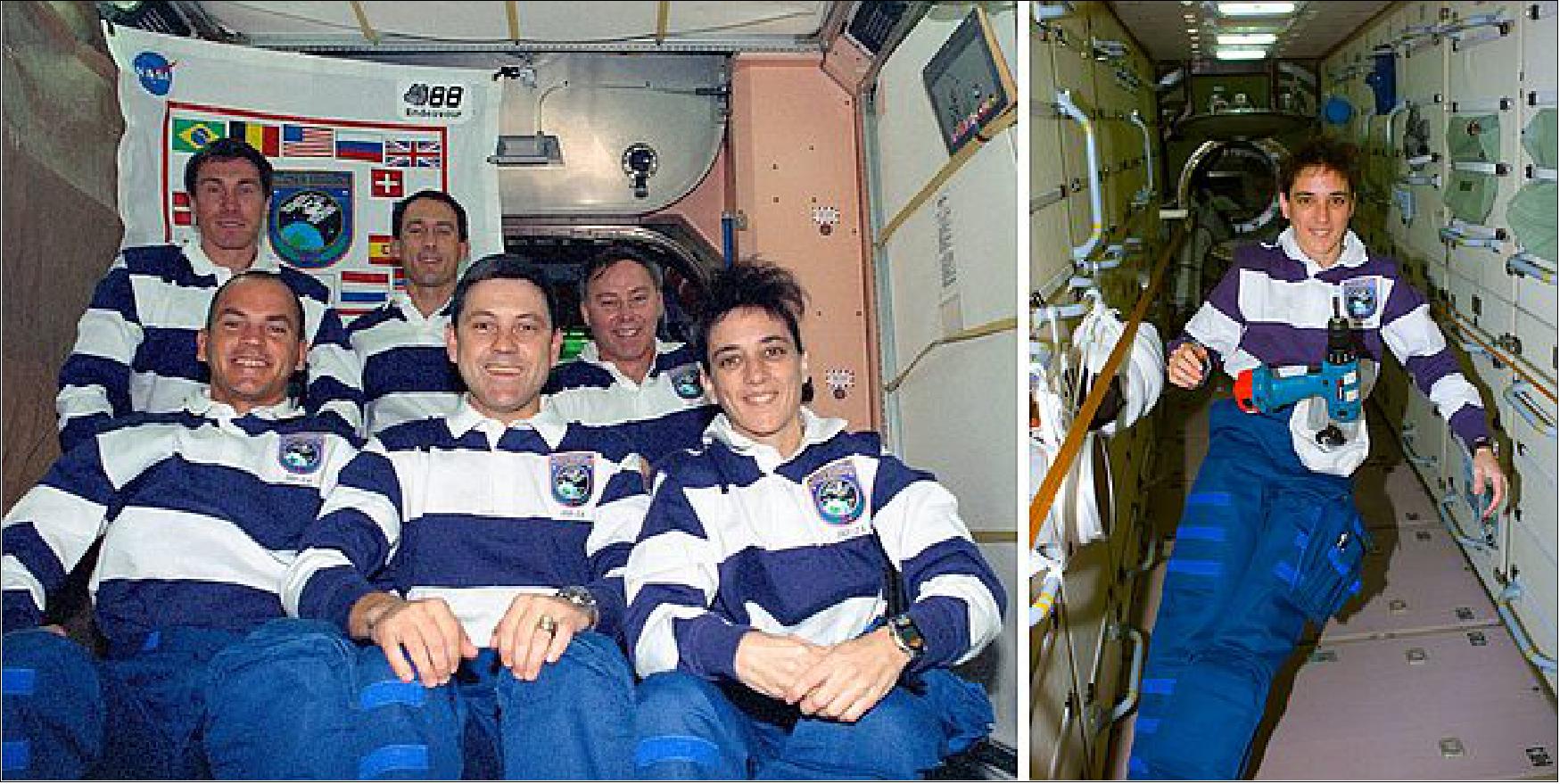 Figure 96: Left: Currie (in front at right), the first woman to reach ISS with her STS-88 crewmates. Right: Currie at work in the Zarya module (image credit: NASA/JSC)
