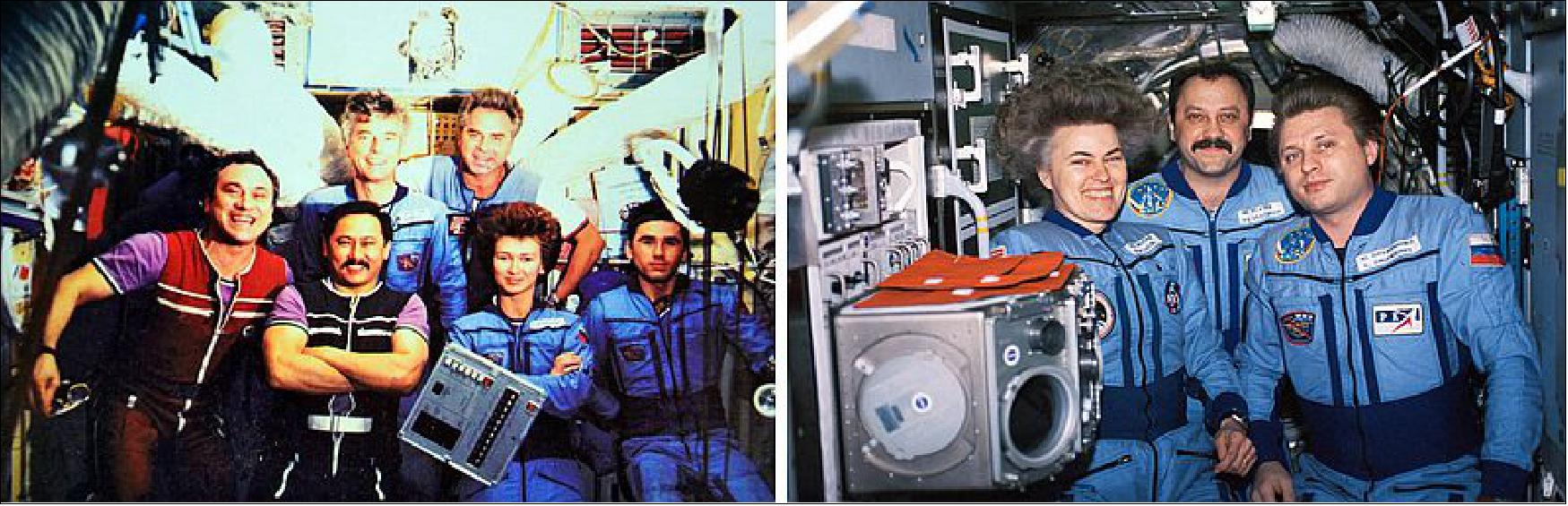 Figure 95: Left: Kondakova (second from right) aboard Mir during the handover between Expedition 16 and 17. Right: Lucid (at left) with her Mir Expedition 21 crewmates (image credit: NASA/JSC)