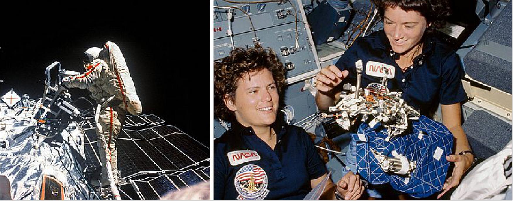Figure 94: Left: Savitskaya during her EVA outside Salyut-7. Right: Sullivan (at left) and Ride aboard Space Shuttle Challenger during the STS-41G mission (image credit: NASA/JSC)