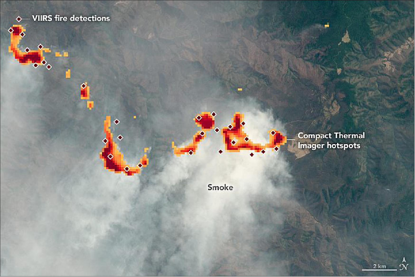 Figure 90: This image was acquired on 1 November 2019 by the Sentinel-2 satellite of ESA, showing a more detailed view of one of the fire clusters, along with the CTI data (image credit: NASA Earth Observatory)