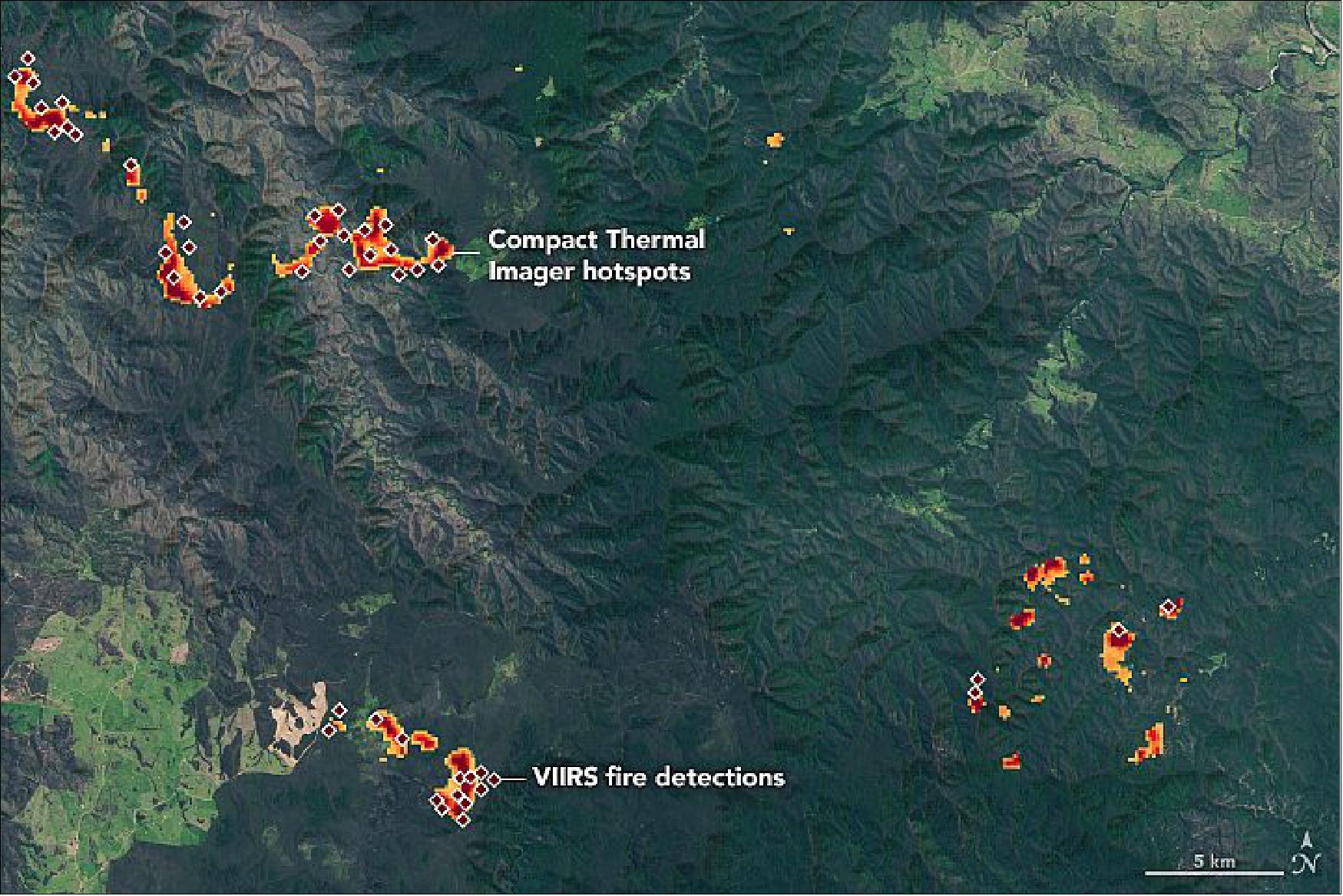 Figure 89: This image highlights the observation difference between CTI and VIIRS. Large fires are burning in the Gondwana Rainforests of New South Wales on November 1, 2019. The VIIRS fire detections of the same area and day are marked with red diamonds. The data were overlaid on a natural-color image acquired by the Operational Land Imager (OLI) on Landsat-8 [image credit: NASA Earth Observatory, images by Lauren Dauphin, using Landsat data from the U.S. Geological Survey, VIIRS data from NASA EOSDIS/LANCE and GIBS/Worldview and the Suomi NPP mission, topographic data from the Shuttle Radar Topography Mission (SRTM), and modified Copernicus Sentinel data (2019) processed by the European Space Agency. CTI data courtesy of the CTI team at NASA's Goddard Space Flight Center. The sensor was developed with QmagiQ and funded by the Earth Science Technology Office (ESTO). Story by Adam Voiland]