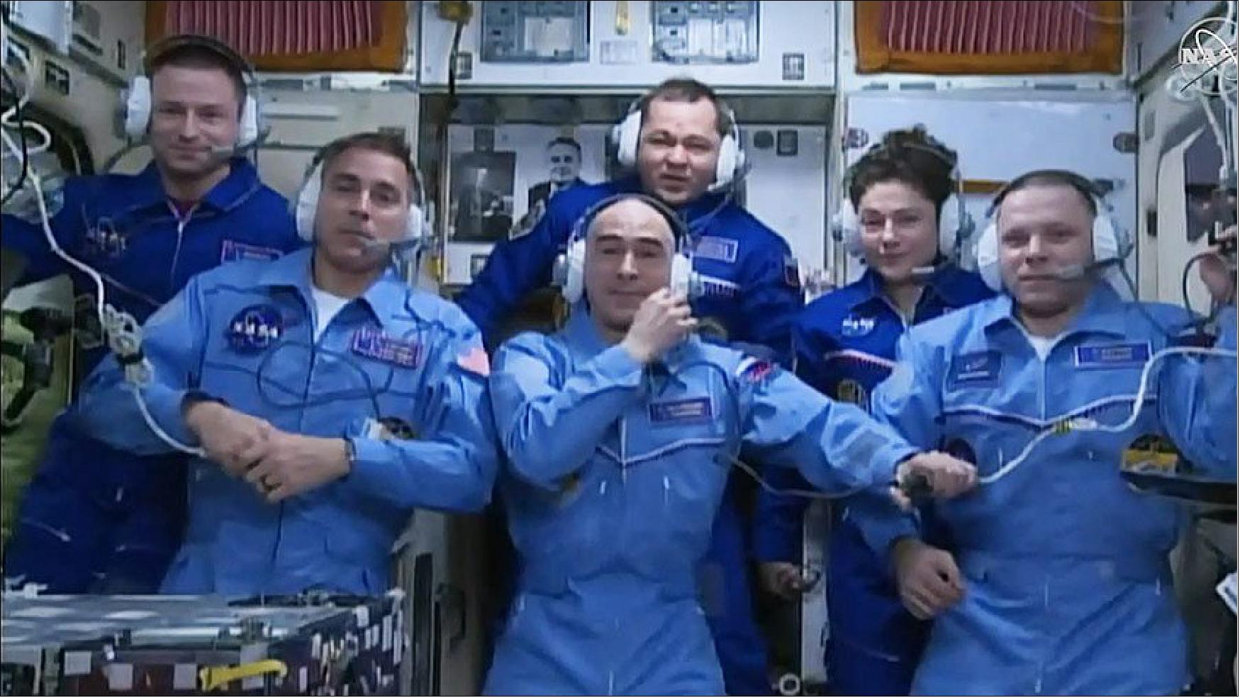 Figure 87: The new Expedition 63 crew joined the Expedition 62 crew today a board the International Space Station. Front row from left: NASA astronaut Chris Cassidy and Roscosmos cosmonauts Anatoly Ivanishin and Ivan Vagner. Back row from left: NASA astronaut Andrew Morgan, Roscosmos cosmonaut Oleg Skripochka and NASA astronaut Jessica Meir (image credit: NASA TV)