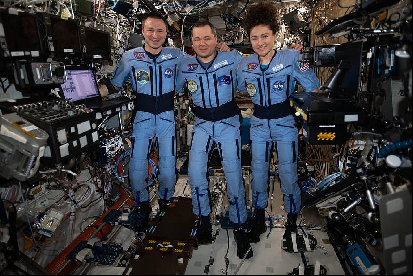 Figure 83: NASA astronauts Jessica Meir and Andrew Morgan and Soyuz Commander Oleg Skripochka of the Russian space agency Roscosmos on the International Space Station ( image credit: NASA)