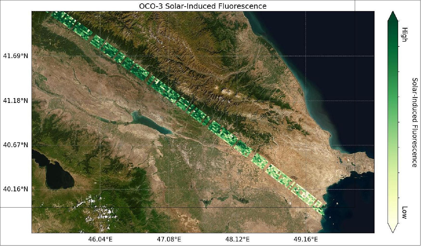 Figure 82: A chart of OCO-3 data that shows solar-induced fluorescence in western Asia. Areas with lower plant glow, indicating lower photosynthesis activity, are shown in light green. Areas with higher photosynthesis activity are shown in dark green (image credit: NASA)