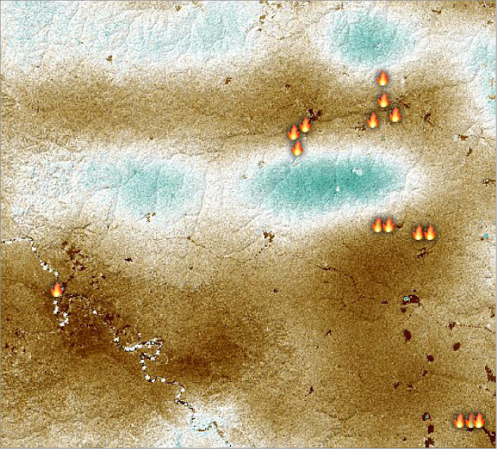Figure 80: Image of ECOSTRESS data taken over Peru during 2019 wildfires that shows vegetation temperatures in response to water availability. The flame symbols show the locations of the fires whereas the colors indicate the level of evaporative stress. The browner a region is, the less water is available for plants (image credit: NASA)
