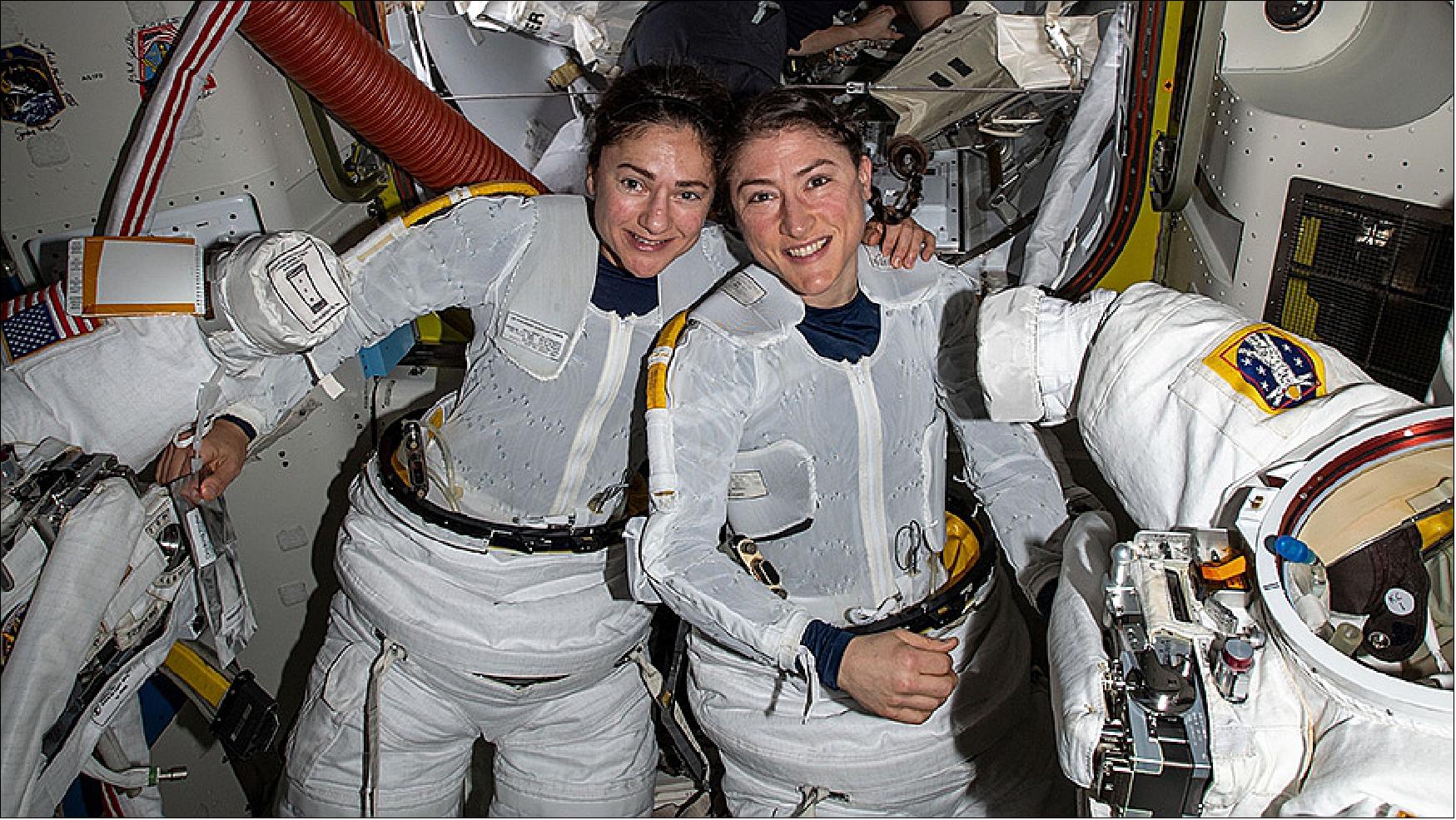 Figure 126: NASA astronauts Jessica Meir (left) and Christina Koch are pictured preparing to begin the historic first-ever all-female spacewalk on Oct. 18, 2019 (image credit: NASA)