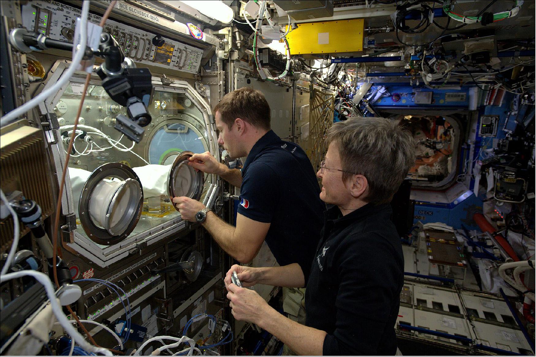 Figure 76: The gloves are the access points through which astronauts manipulate experiments, in the field of material science, biotechnology, fluid science, combustion science and crystal growth research (image credit: ESA/NASA)