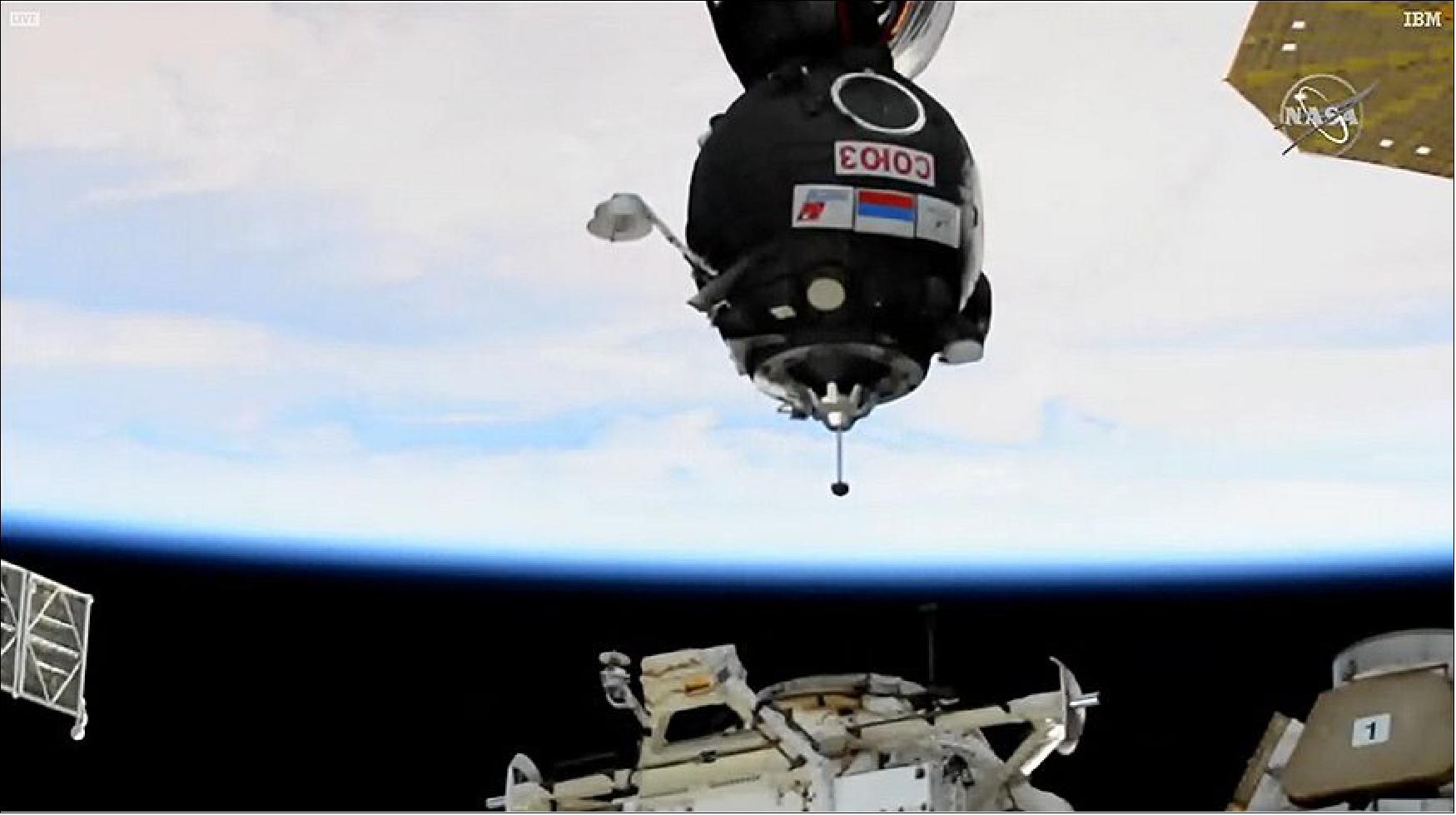 Figure 35: The Soyuz MS-17 crew ship with the Expedition 64 crew inside is pictured just a few meters away from the Rassvet module’s docking port (image credit: NASA TV)