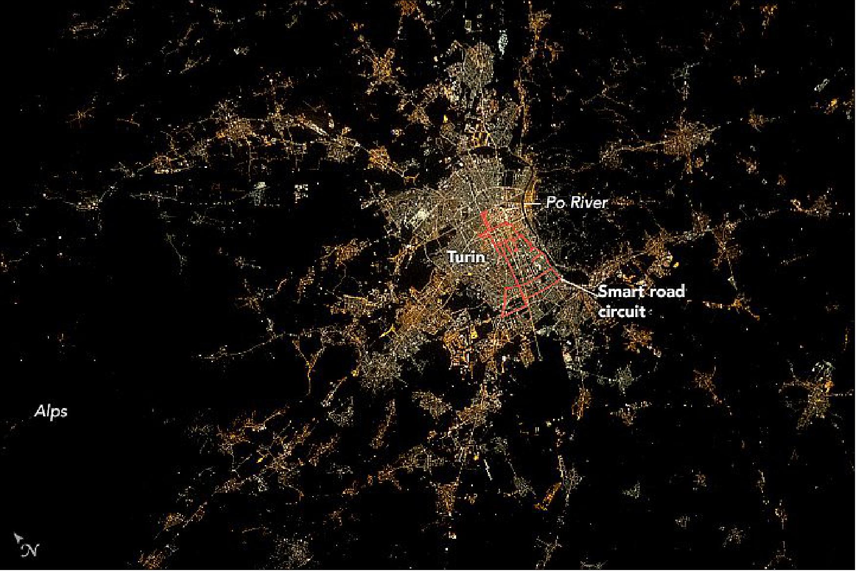 Figure 33: The smart road circuit map of Turin is traced out in this photo (image credit: NASA Earth Observatory)