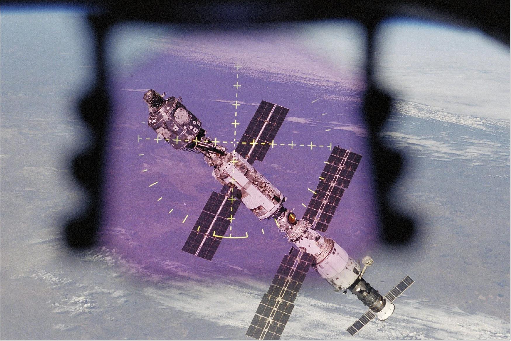 Figure 24: The International Space Station viewed from the Space Shuttle Atlantis’s crew optical alignment system for undocking in September 2000 (image credit: NASA/JSC)