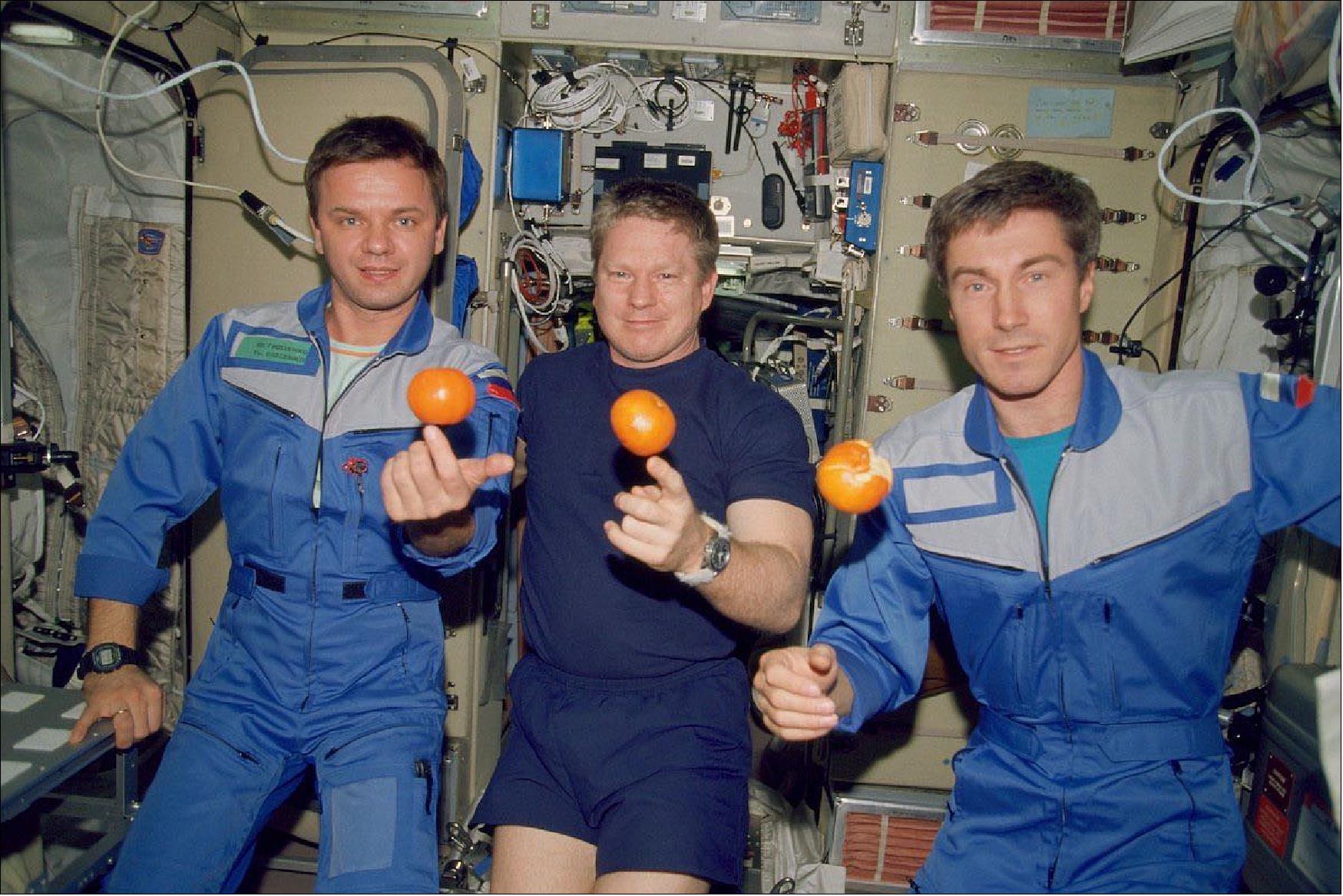 Figure 22: From left: Cosmonaut Yuri Gidzenko, commander Bill Shepherd, and flight engineer Sergei Krikalev on-board the International Space Station in December 2000 (image credit: NASA)