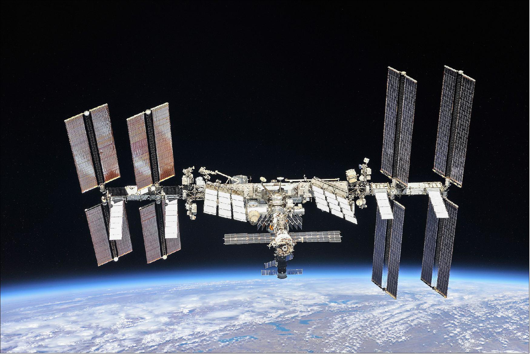 Figure 17: The fully constructed International Space Station orbits Earth roughly 250 miles (~400 km) up, continuously crewed to continue its vital mission to conduct microgravity research and experiments, ranging from human biology and physiology to astronomy and materials science, aboard humanity’s only orbital laboratory. (image credit: NASA)