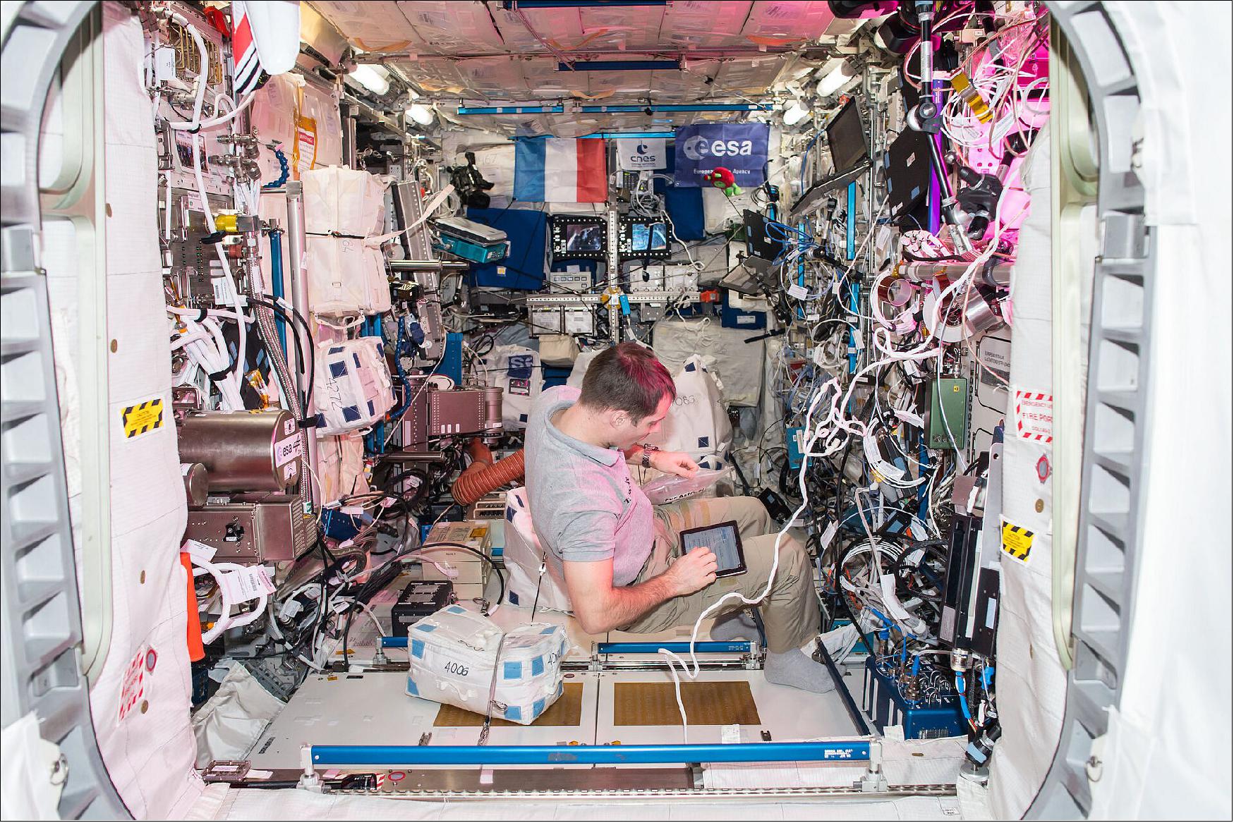 Figure 8: The ESA astronaut of French nationality lived and worked on the Space Station for 196 days during his first mission, Proxima, between November 2016 and June 2017. Thomas is one of 18 European astronauts to have spent time on board and will return for his Alpha mission in spring 2021. - Thomas is seen here working in the European Columbus laboratory that was launched to the Station in February 2008 (image credit: ESA/NASA)