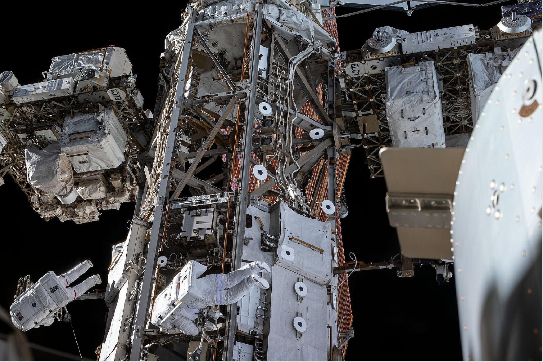Figure 117: NASA astronaut Drew Morgan (left) and ESA astronaut Luca Parmitano (middle) are seen in this photo on their last AMS-2 EVA (image credit: NASA, ESA)