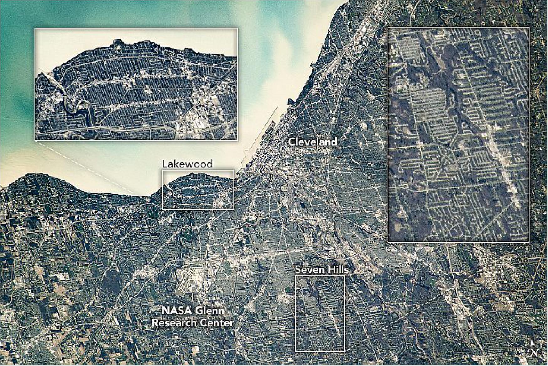 Figure 142: In this photo, streetcar-based suburbs like Lakewood appear dense and grid-like, while automobile-based suburbs (Seven Hills)—less concerned with supporting a walking population—are more expansive and have flourishes like cul-de-sacs. Astronaut photograph ISS062-E-121292 was acquired on April 16, 2020, with a Nikon D5 digital camera using a 500 mm lens and is provided by the ISS Crew Earth Observations Facility and the Earth Science and Remote Sensing Unit, Johnson Space Center. The image was taken by a member of the Expedition 62 crew (image credit: NASA Earth Observatory, caption by Alex Stoken)