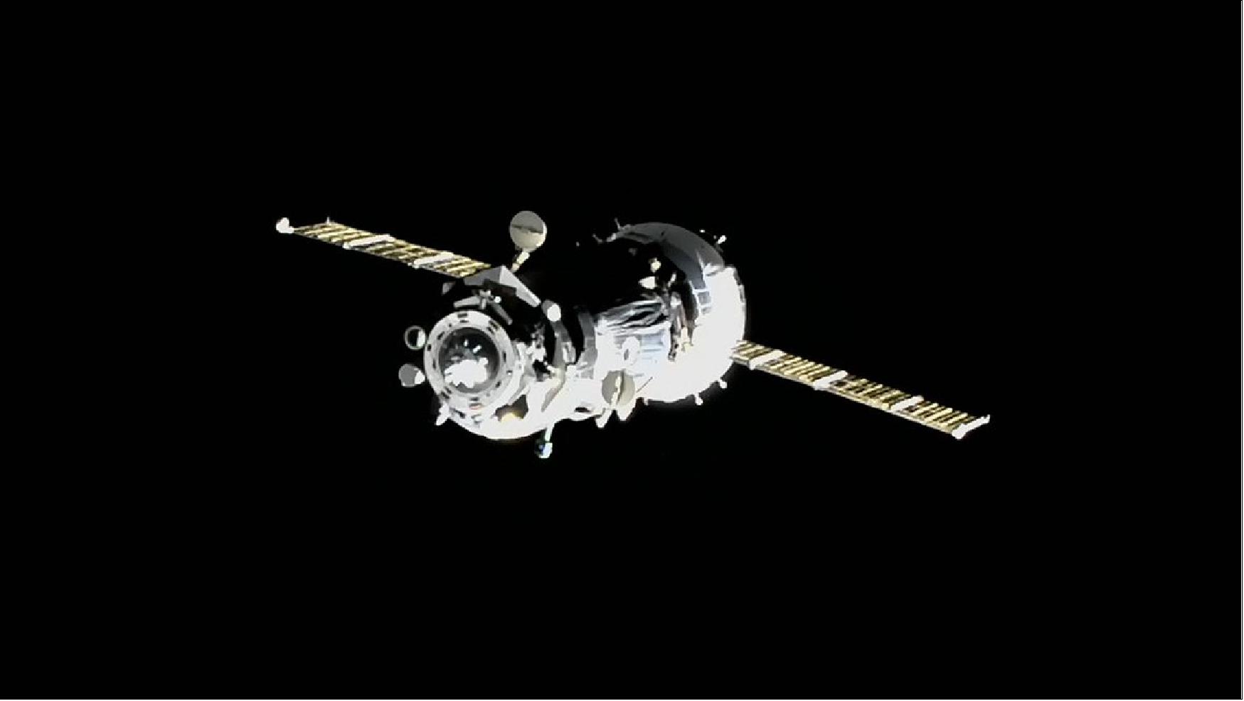 Figure 109: The Soyuz MS-17 crew ship, with three Expedition 64 crew members inside, is pictured after undocking from the Rassvet module beginning its short trip to the Poisk module (image credit: NASA TV)