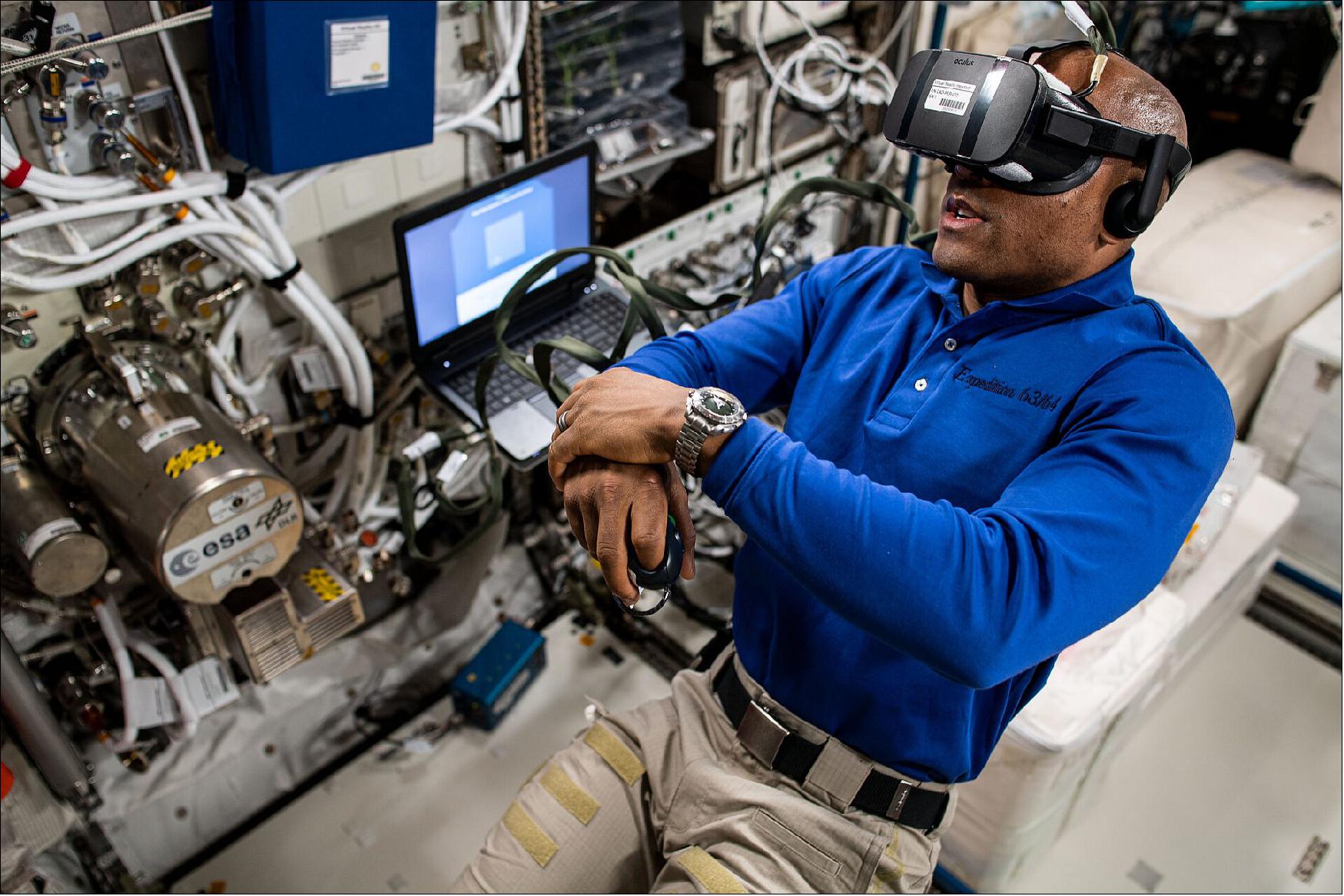 Figure 100: This picture shows NASA astronaut Victor Glover as test subject for ESA's Time experiment on 26 March 2021. This experiment uses virtual reality to chart whether our perception of time changes when living on the International Space Station (image credit: NASA)