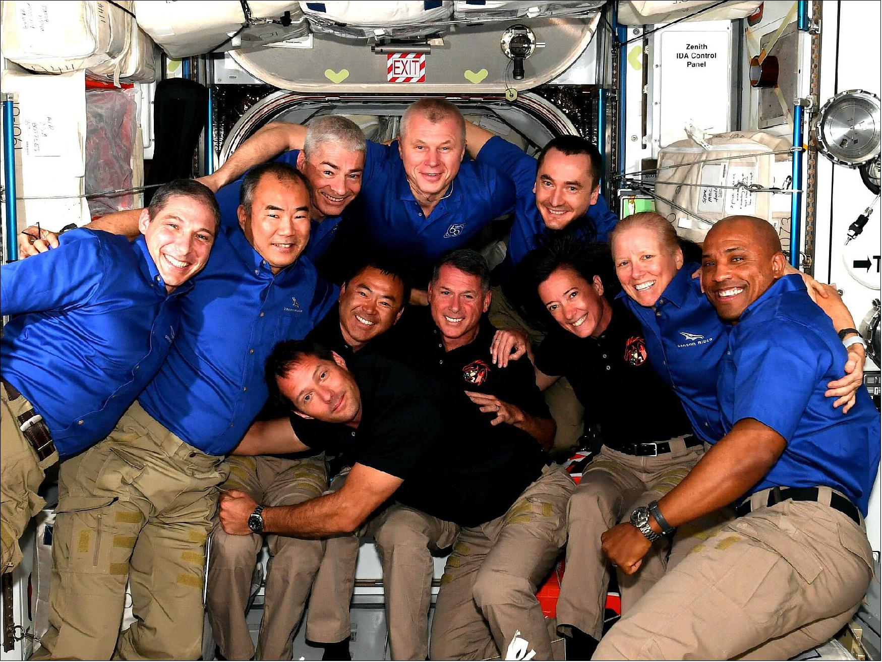 Figure 95: JAXA astronaut Soichi Noguchi snapped this image of the full ISS crew after the arrival of Thomas Pesquet and his Crew-2. Thomas shared this image on his social media platforms saying: "It is good to be back! We just called our friends and families to reassure them we arrived in good health, the smiles on our faces (no masks up here!) speak volumes. It is a great feeling to be weightless again in the Space Station. It feels familiar in a way, but also very special. The space is less tidy than last time, but this is simply because there is more equipment We now have a few hours to install our sleeping bags, toiletries, sport gear and so on, afterwards ... to work!" (image credit: JAXA/NASA–S Noguchi)