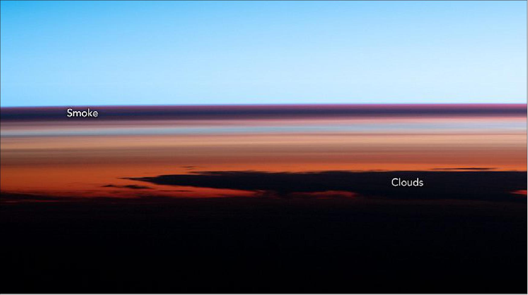 Figure 91: Astronaut photographs can be especially useful for visualizing aerosols in the stratosphere, a layer of the atmosphere that begins roughly 7 km (4 miles) above the surface near the poles and 20 km above the surface closer to equator. "One of the key things about limb photographs like this is that they can tell us the vertical distribution of aerosol plumes," said Vernier (image credit; NASA Earth Observatory)
