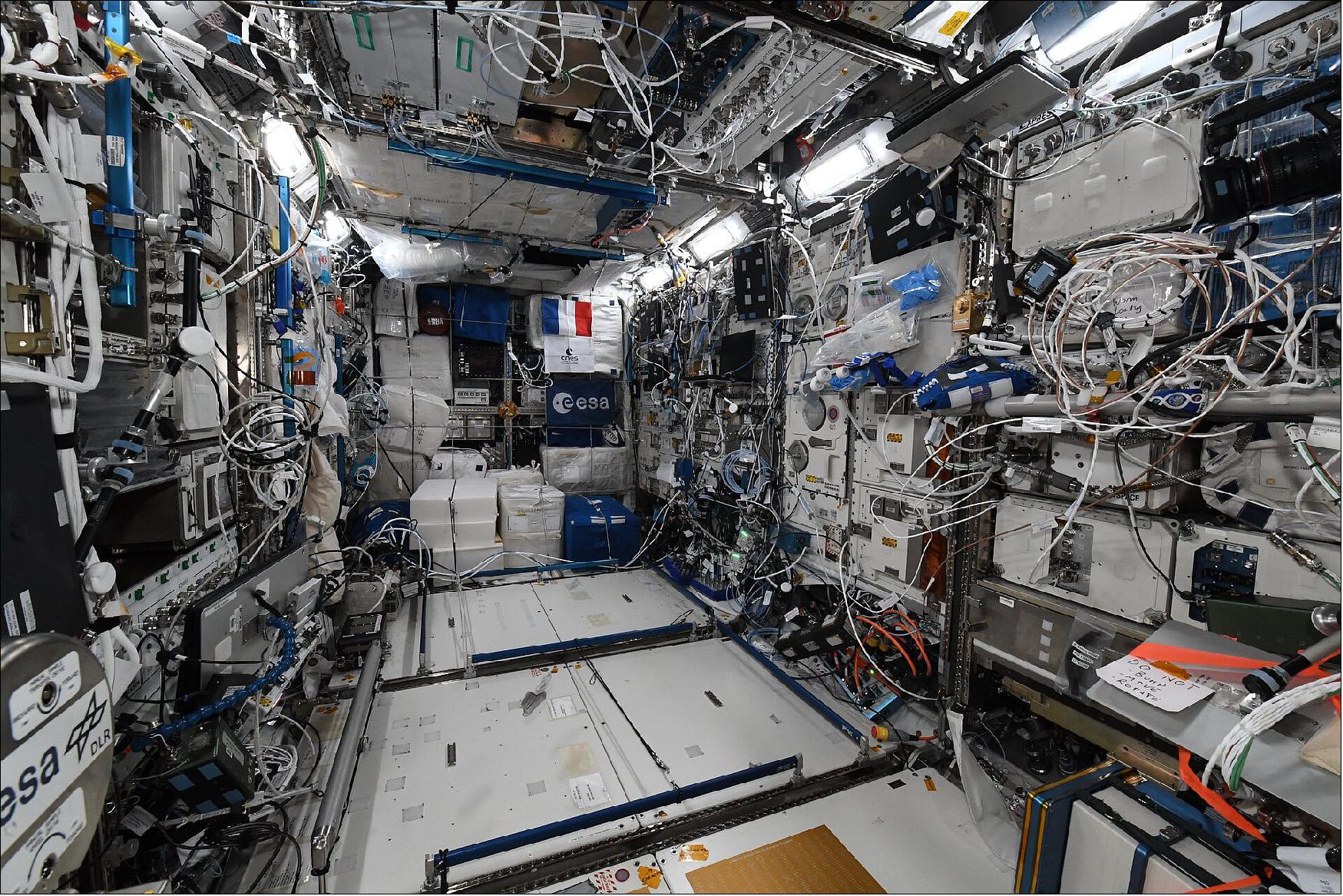 Figure 81: The Columbus laboratory is Europe's largest single contribution to the International Space Station. Permanently attached to the Harmony module, this pressurized laboratory allows researchers on the ground, aided by the Station's crew, to conduct a wide variety of research in a weightless environment. Experiments in space science, Earth observation and technology can also be conducted outside the module, thanks to four exterior mounting platforms that are exposed to the vacuum of space. During his Alpha mission, Thomas will continue this research and experimentation on the ISS supported by his crewmates and ground teams from ESA, the US space agency NASA, Russian space agency Roscosmos, the Canadian Space Agency and the Japanese space agency JAXA. This enduring international partnership is a key feature of the Space Station as nations work across cultures and borders, performing science, research and engineering that has led to breakthroughs in disease research, materials science, Earth observation, our understanding of Earth's origins and more. This work helps humankind explore even farther while enhancing life here on Earth – setting Europe in good stead for its journey forward, beyond low Earth orbit to the Moon (image credit: ESA/NASA)