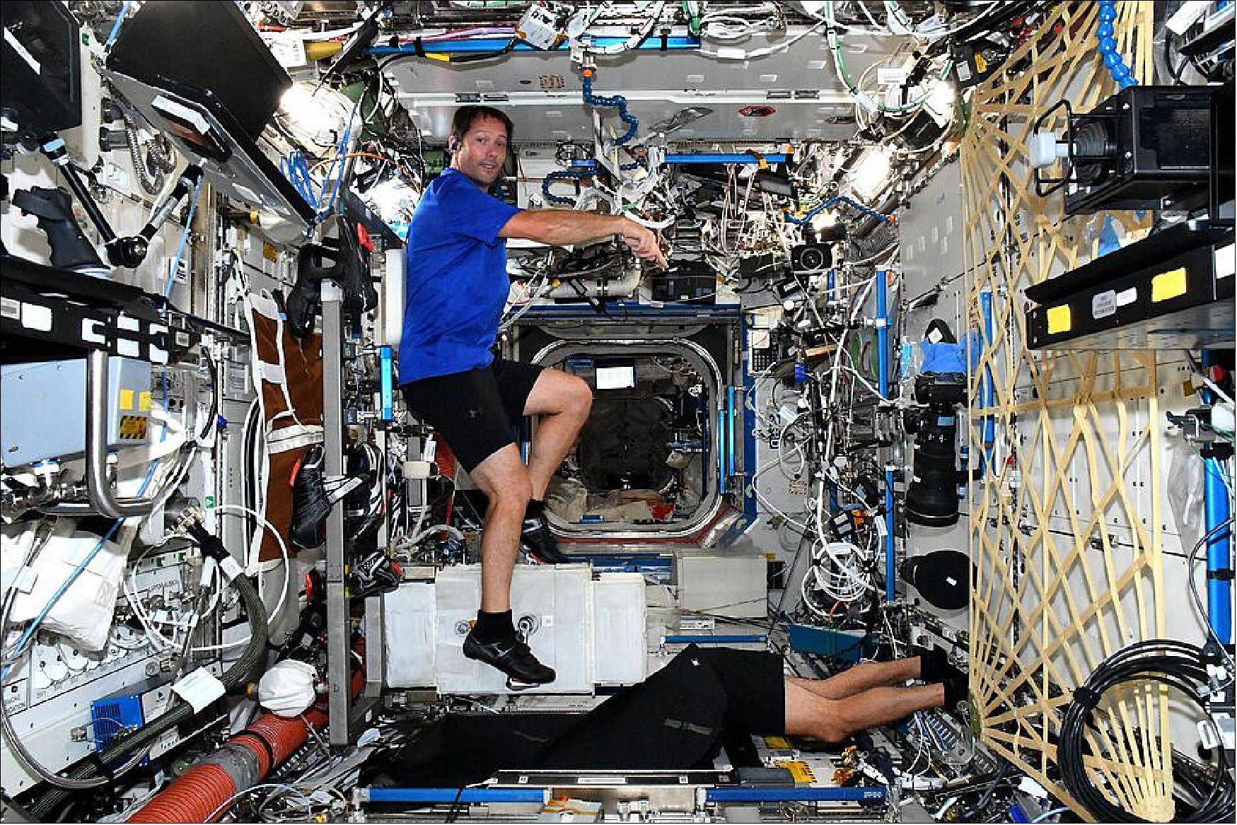 Figure 79: ESA astronaut Thomas Pesquet is here working out while his crew mate NASA astronaut, Shane Kimbrough, takes pictures of Earth. Thomas recently shared this image on his social media channels saying:"A typical view on the International Space Station's NASA Destiny laboratory. The legs sticking out are Shane's who was opening the shutters to admire the view after an exercise session. The window he is looking out looks straight down at Earth and when we fly over Europe it is often my legs sticking out :)" (image credit: JAXA/NASA–A. Hoshide)