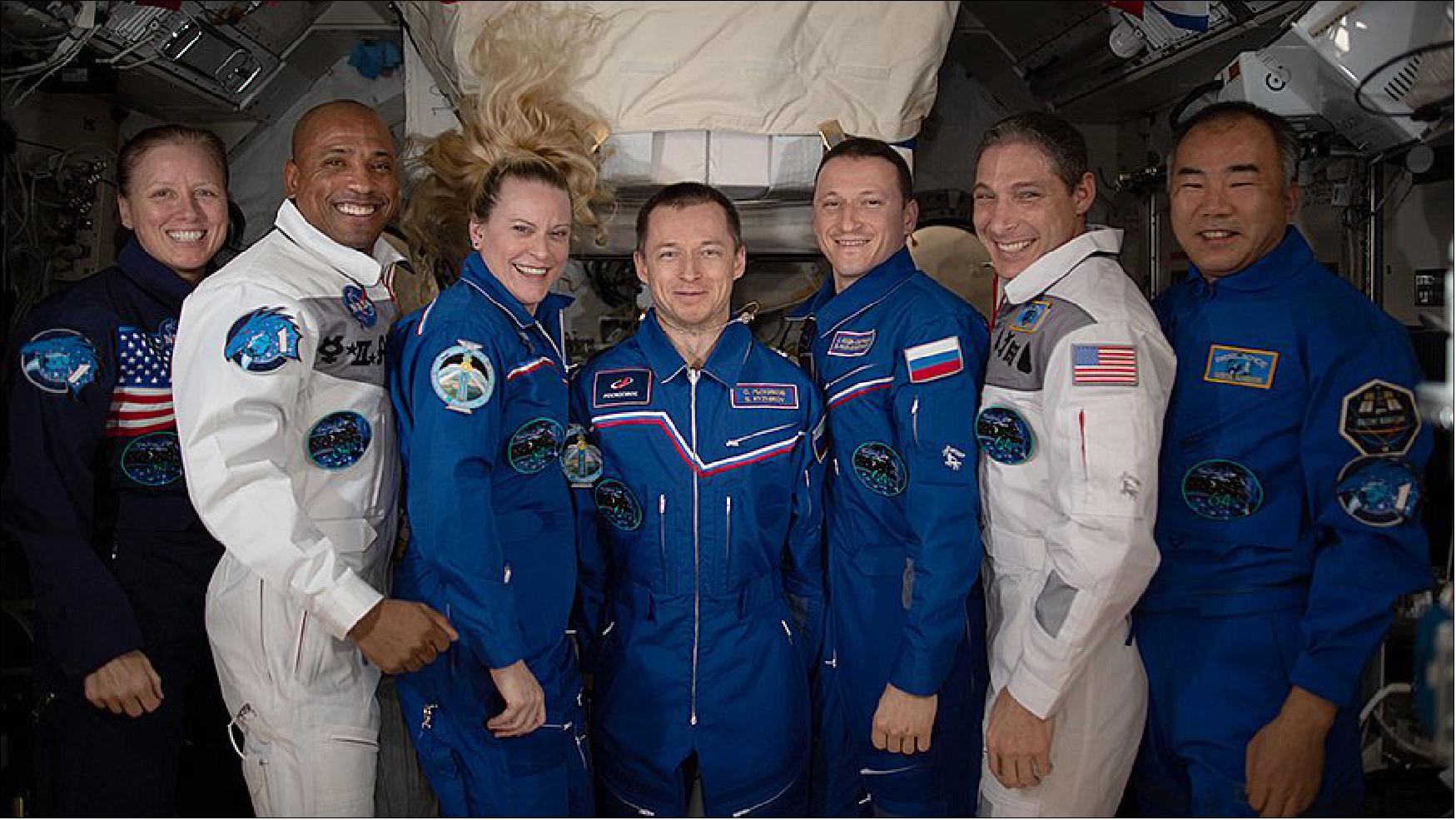 Figure 138: The seven-member Expedition 64 crew poses for a portrait inside the space station's Kibo laboratory module of JAXA (image credit: NASA TV)