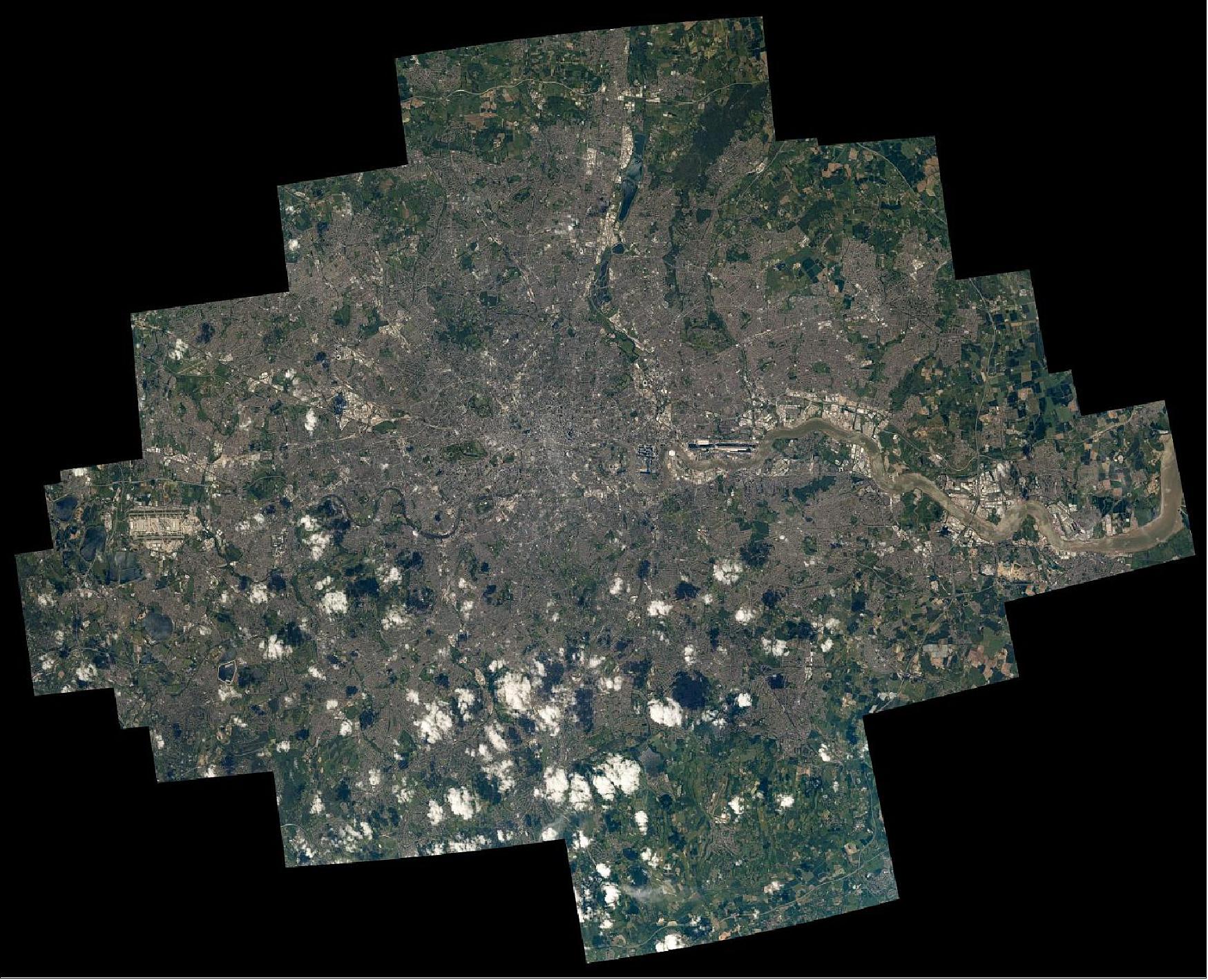 Figure 59: Greater London as observed from the ISS by Thomas Pesquet. Thomas asked ESA to have the series of highly zoomed-in pictures aligned into this collage to show the area in detail. The International Space Station flies at roughly 400 km altitude so Thomas uses the longest lenses available onboard (image credit: ESA/NASA–T. Pesquet/W. Harold)