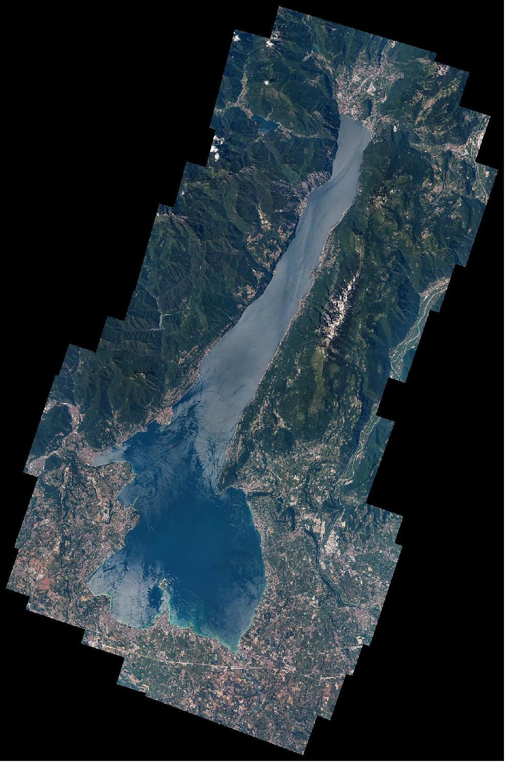 Figure 54: This collage of pictures shows Lago di Garda in Italy, made from many pictures mapped together, digitally rotated and assembled into this large collage of 17584 by 26257 pixels. Thomas asked to have the series of highly zoomed-in pictures aligned into this collage to show the area in detail. The International Space Station flies at roughly 400 km altitude so Thomas uses the longest lenses available onboard (image credit: ESA/NASA–T. Pesquet/W. Harold)