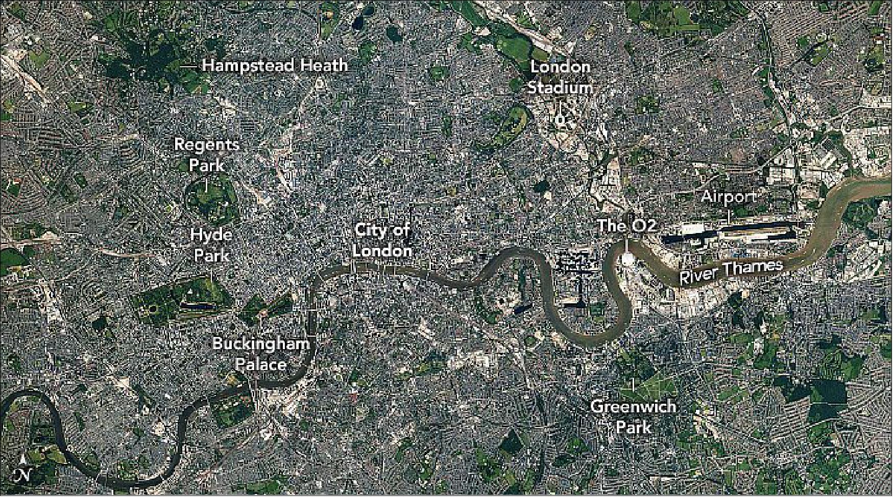 Figure 47: The Greater London area is comprised of 32 boroughs, most of which are visible in this photo on both sides of the river. The original city of London continues to be the epicenter of finance and business. Westminster is the center of politics and governance, a borough that includes the Houses of Parliament, the Prime Minister's residence at 10 Downing Street, and Buckingham Palace. The astronaut photographs ISS065-E-95234 through ISS065-E-95272 were acquired on June 9, 2021, with a Nikon D5 digital camera using a focal length of 1150 mm. They are provided by the ISS Crew Earth Observations Facility and the Earth Science and Remote Sensing Unit, Johnson Space Center. The images were taken by a member of the Expedition 65 crew. The images have been cropped and enhanced to improve contrast, and lens artifacts have been removed (image credit: NASA Earth Observatory, caption by Laura Phoebus)