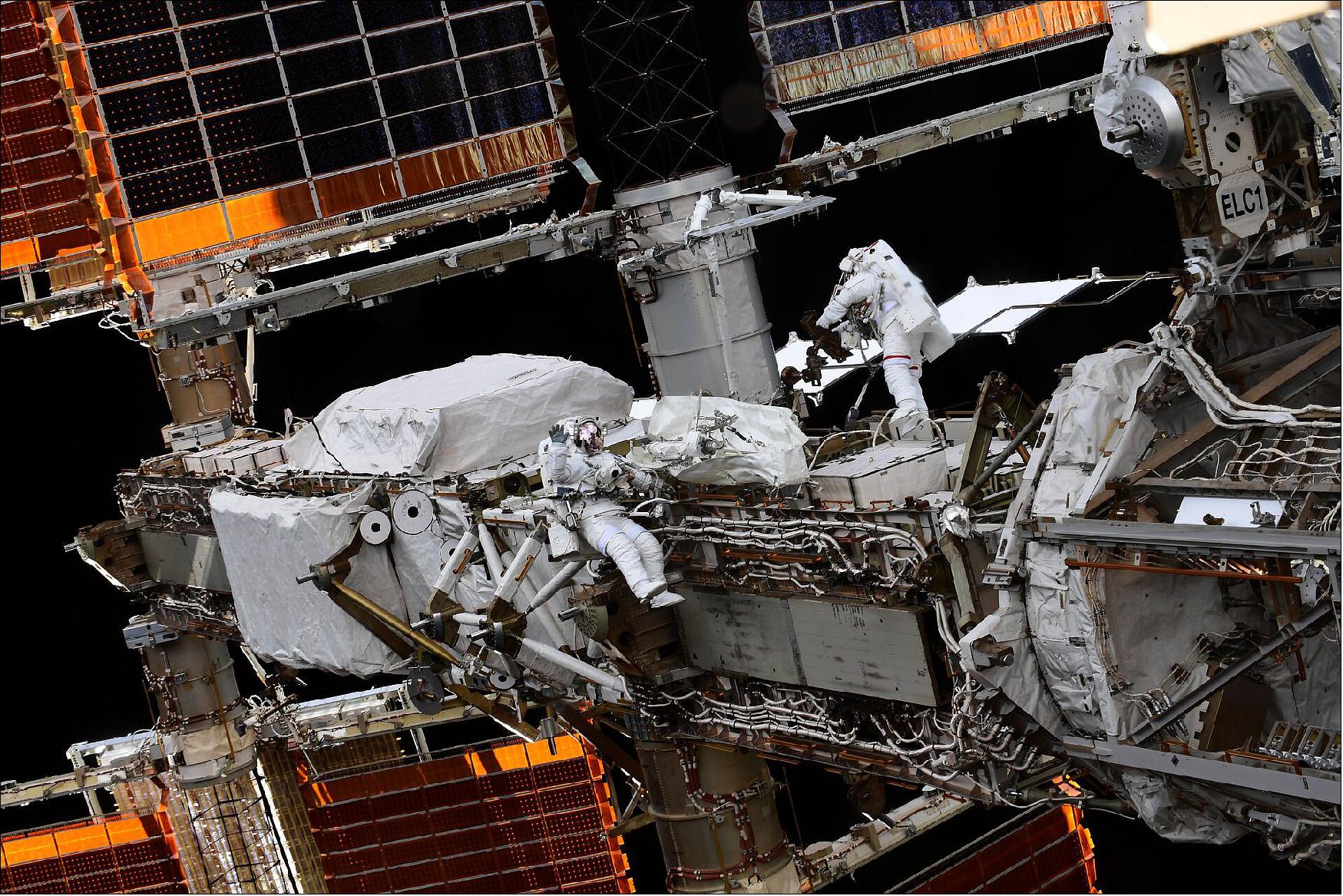Figure 41: As this image shows, the International Space Station is a huge, complex spacecraft. Built by international partners and in operation for over 20 years now, the only human outpost in space (so far!) is a sight to behold and requires spacewalks to maintain. - But as Thomas notes, fixing up the Space Station is not just a maintenance job, it is also "improving the station and what it stands for." (image credit: NASA)