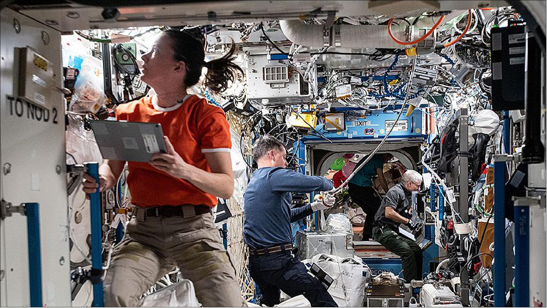 Figure 35: NASA Flight Engineers Megan McArthur, Shane Kimbrough and Mark Vande Hei work inside the U.S. Destiny laboratory module (image credit: NASA)