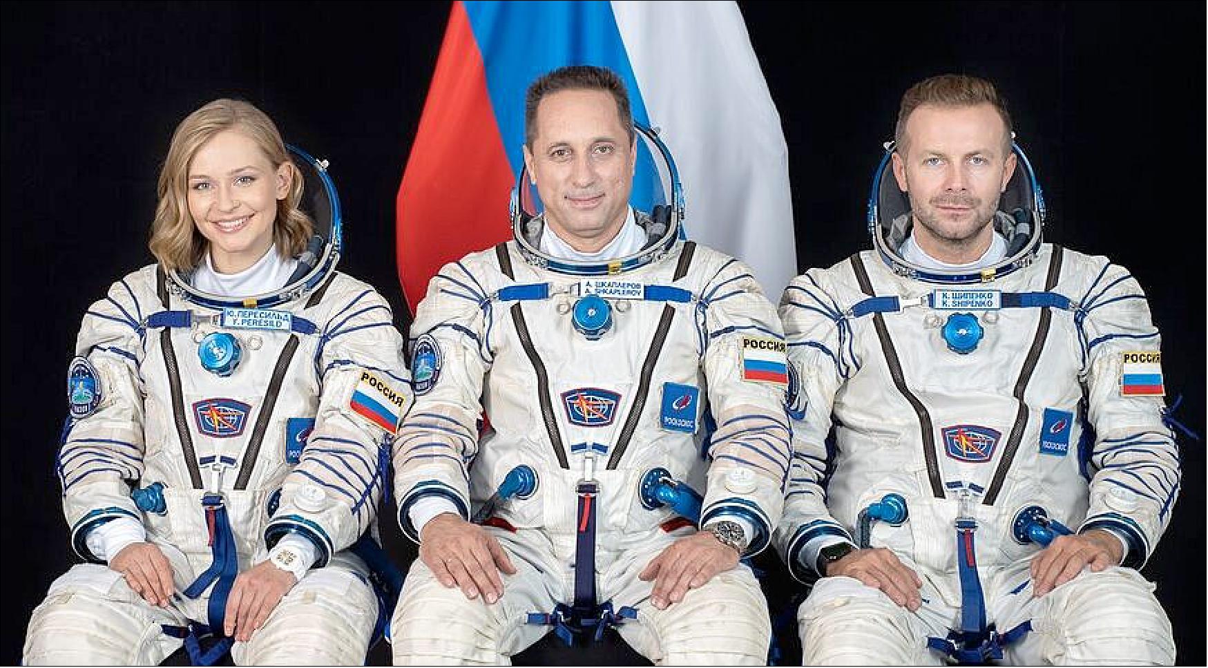 Figure 29: Actress Yulia Peresild (left) and director Klim Shipenko (right) joined Roscosmos cosmonaut Anton Shkaplerov on the Soyuz MS-19 spacecraft that flew to the ISS Oct. 5 (image credit: Roscosmos)