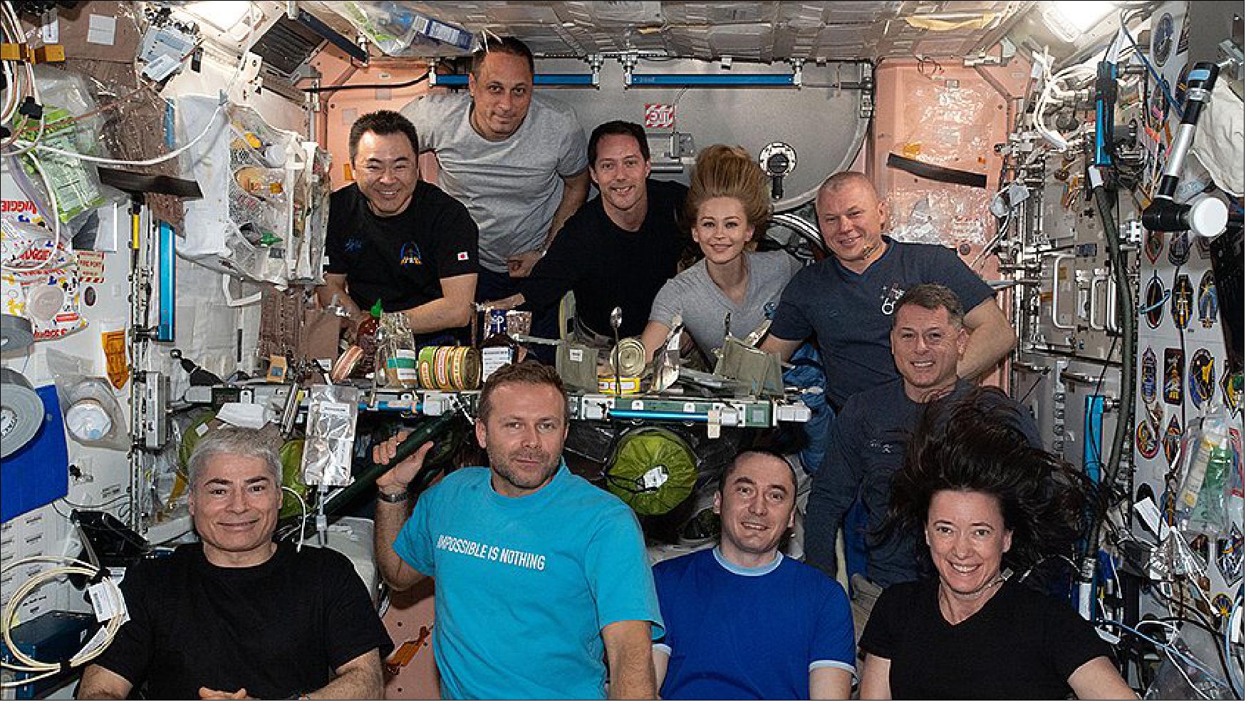 Figure 24: The ten station inhabitants are gathered together in the Unity module for a meal and a portrait. In the front row (from left) are, Mark Vande Hei, Klim Shipenko, Pyotr Dubrov, and Megan McArthur. In the back row (from left) are, Akihiko Hoshide, Anton Shkaplerov, Thomas Pesquet, Yulia Peresild, Oleg Novitskiy, and Shane Kimbrough (image credit: NASA)