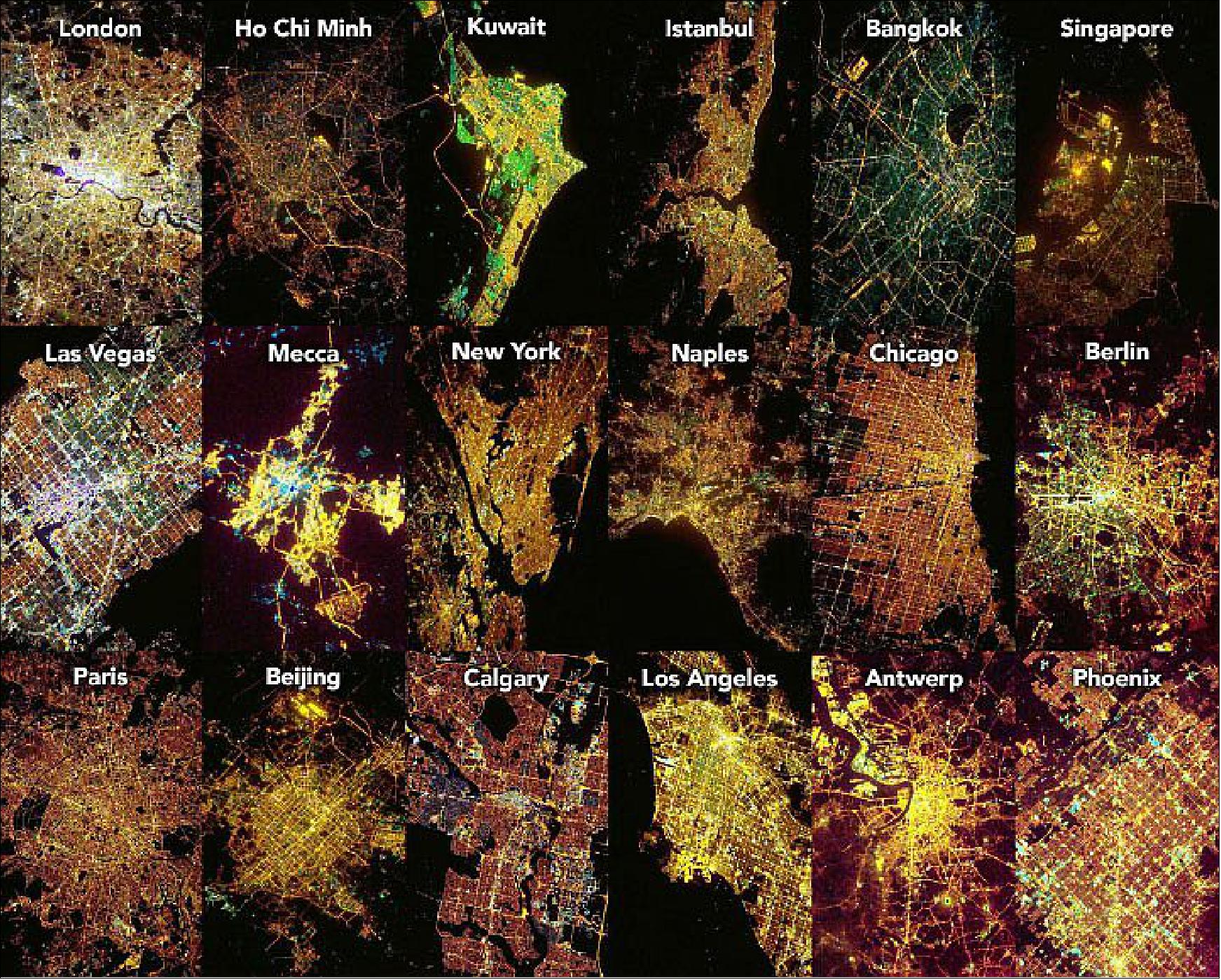 Figure 9: The montage shows 18 cities—from London to Singapore to Phoenix—with especially diverse nighttime lightscapes. The images are also relatively high in resolution: Each was shot with a 400 mm lens capable of resolving individual lights. Small then calibrated each of the images to have the same color temperature, so they could be compared directly. This montage was calibrated to 5500 Kelvin—about the same color temperature as sunlight (image credit: NASA Earth Observatory)