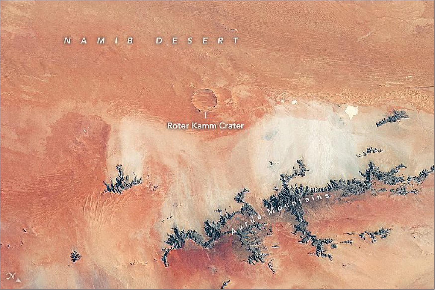 Figure 131: The Namib Desert bears a scar from a meteor impact. This astronaut photograph ISS062-E-103112 was acquired on March 20, 2020, with a Nikon D5 digital camera using a 200 mm lens and is provided by the ISS Crew Earth Observations Facility and the Earth Science and Remote Sensing Unit, Johnson Space Center. The image was taken by a member of the Expedition 62 crew (image credit: NASA Earth Observatory, caption by Amber Turner)