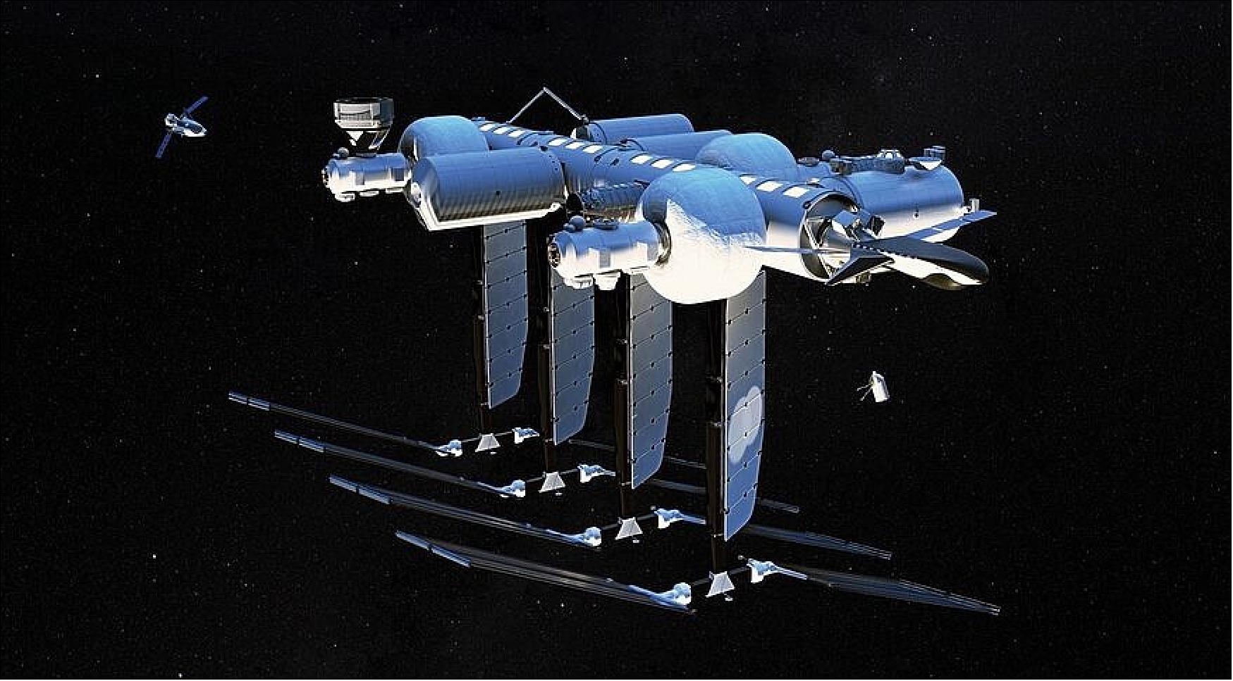 Figure 5: The proposed Orbital Reef station can be expanded over time by adding more modules, but initially will be about one-third the size depicted here (image credit: Blue Origin)