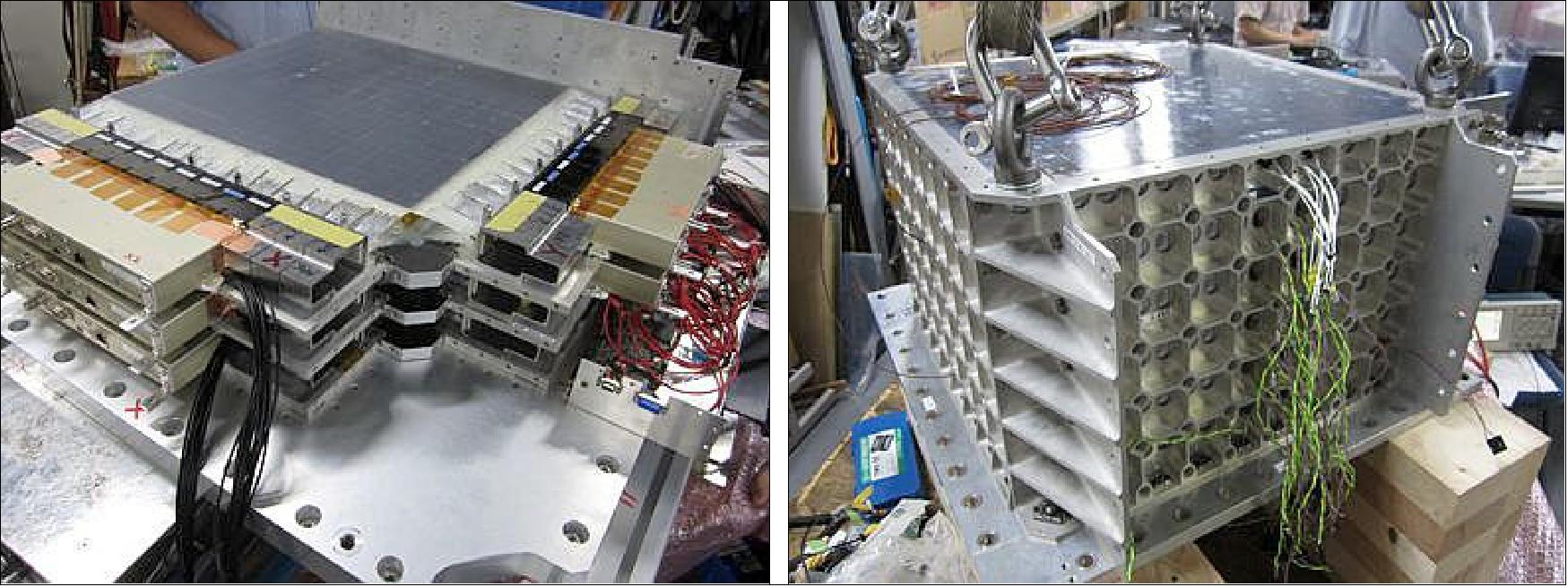 Figure 5: Photos of the Imaging Calorimeter (left) and of the Total Absorption Calorimeter (right), image credit: JAXA)