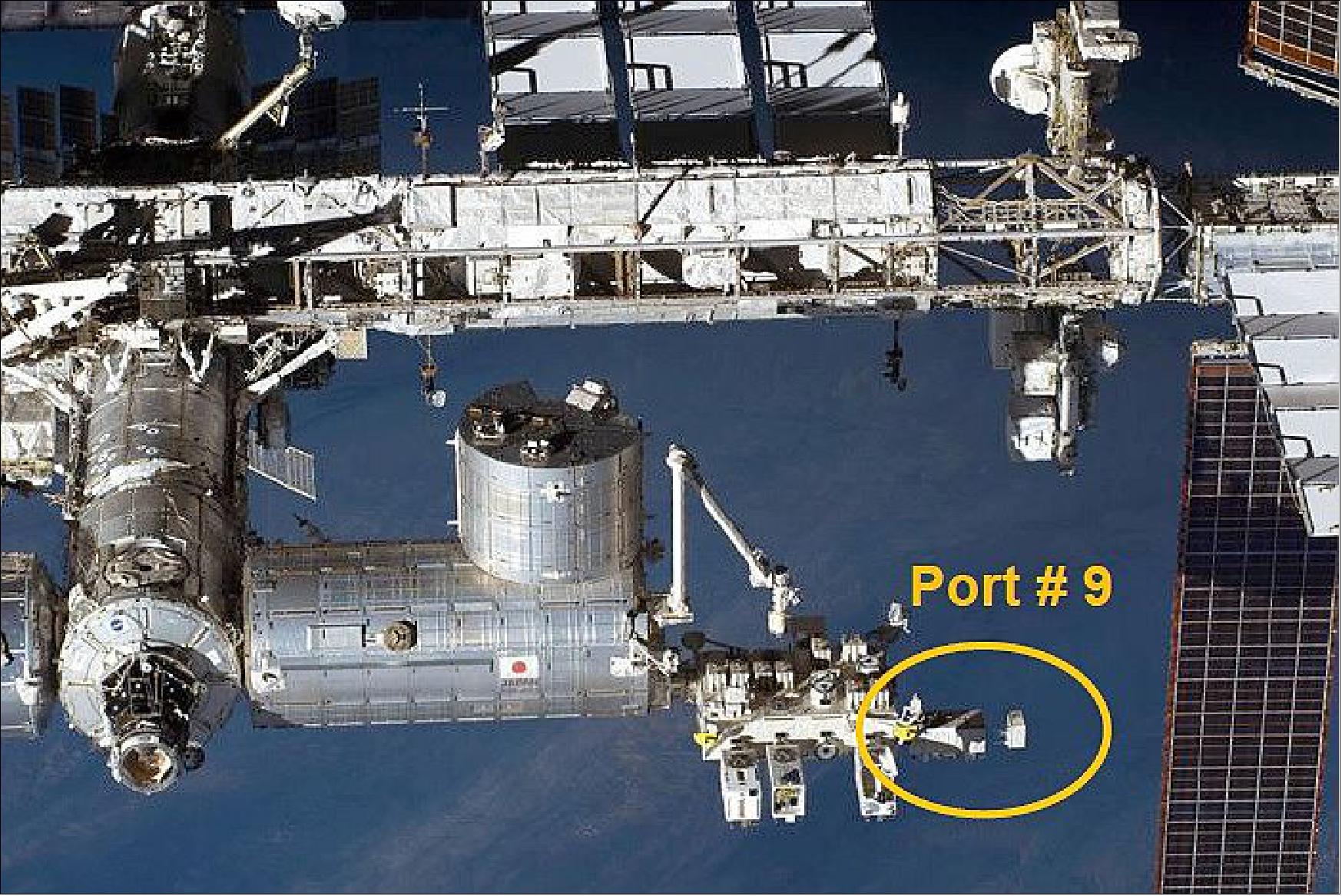 Figure 7: Illustration of the CALET instrument mounting at Port #9 of JEM-EF (image credit: NASA, JAXA, ASI)