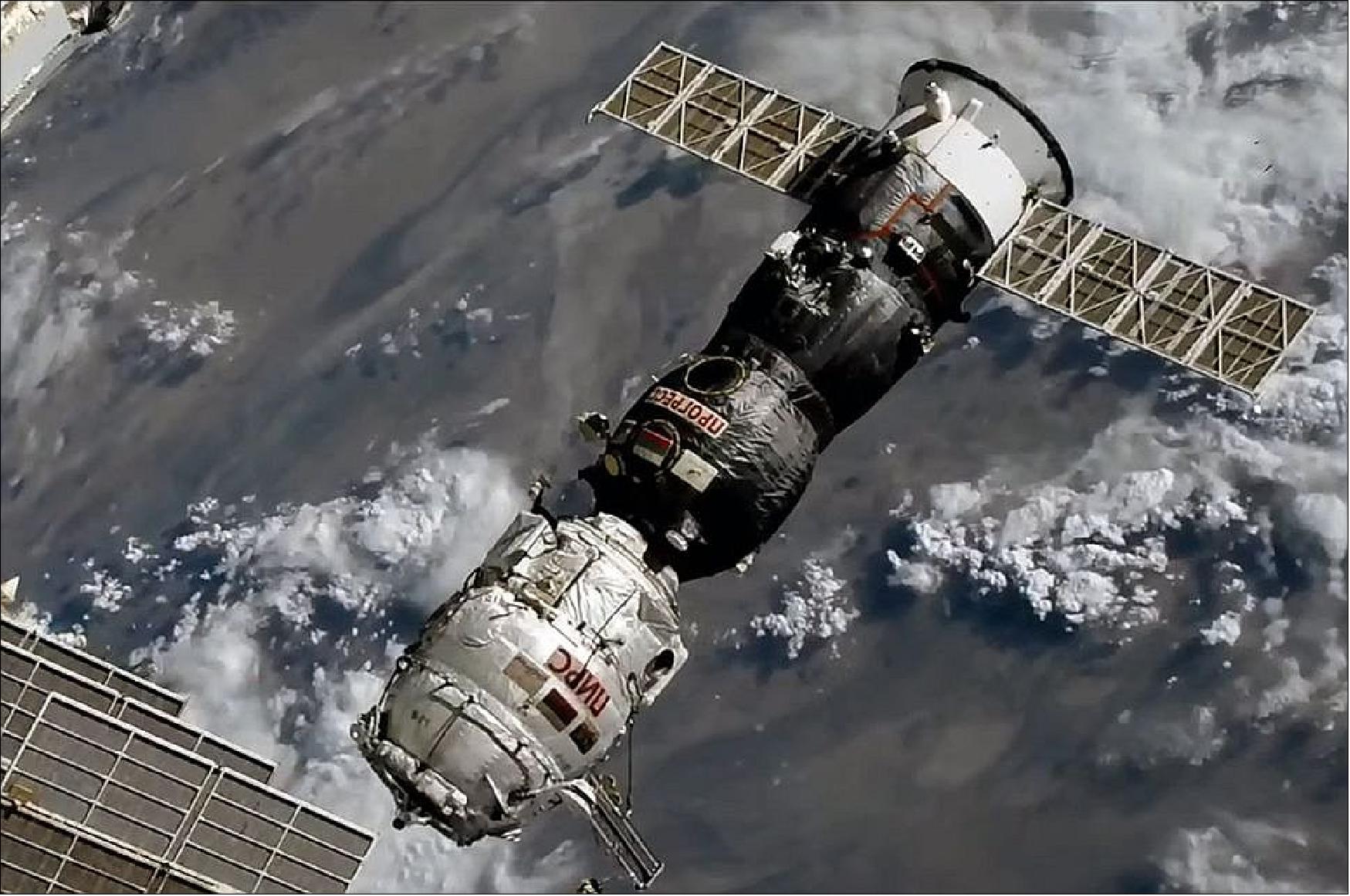 Figure 13: Russia’s Pirs docking compartment, attached to the Progress MS-16 cargo spacecraft, is seen departing from the International Space Station, headed for a destructive reentry on July 26, 2021 (image credit: NASA TV)