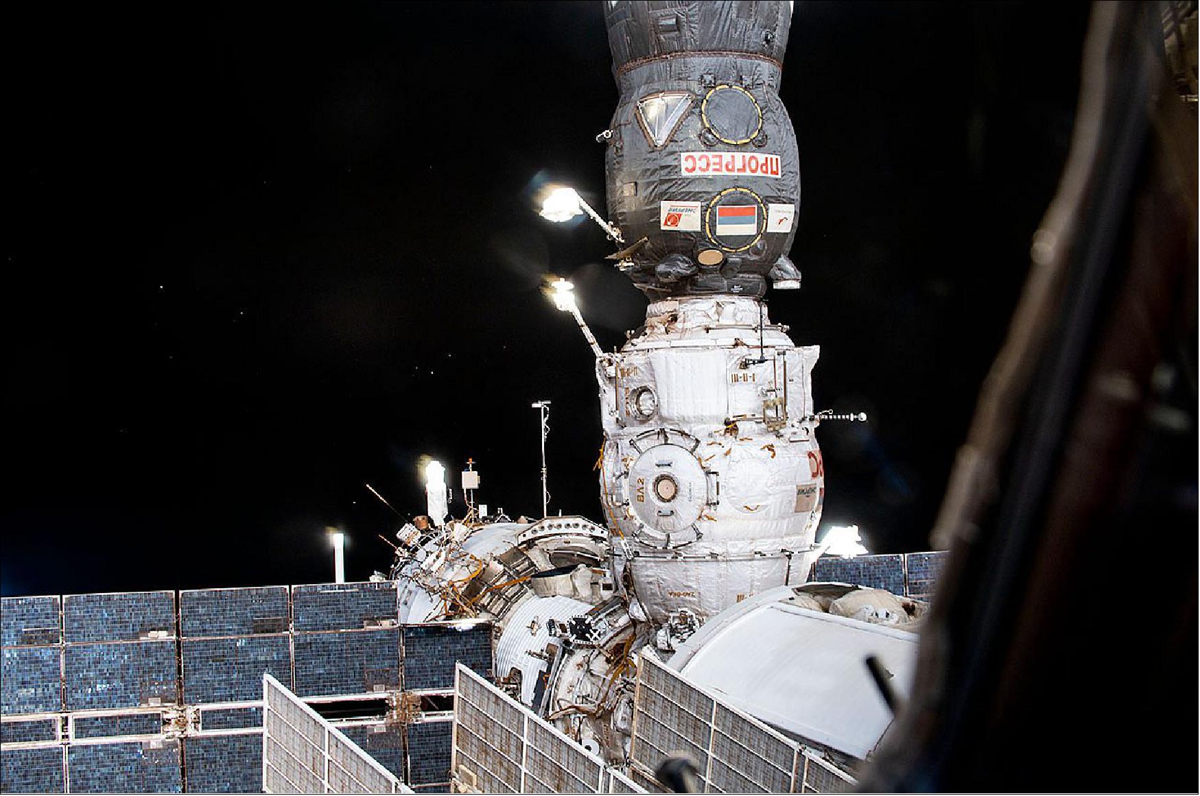 Figure 12: Russia’s Progress MS-16 cargo craft (at top) is pictured docked to the Pirs docking compartment on the International Space Station, prior to both craft departing the orbiting complex to make way for the Nauka multi-purpose laboratory module in July 2021 (image credit: NASA )