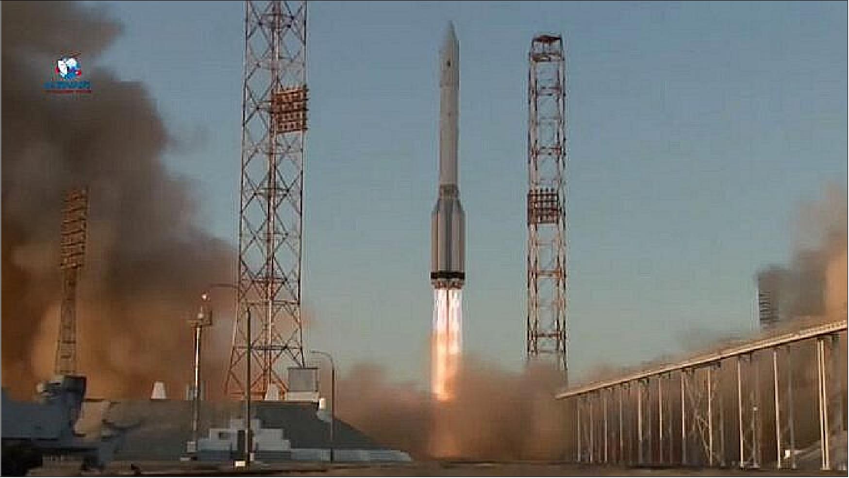 Figure 9: A Proton rocket lifts off from the Baikonur Cosmodrome July 21 carrying the Nauka module to the ISS. The Proton-M for this mission flew in its three stage-to-orbit configuration. (image credit: Roscosmos)