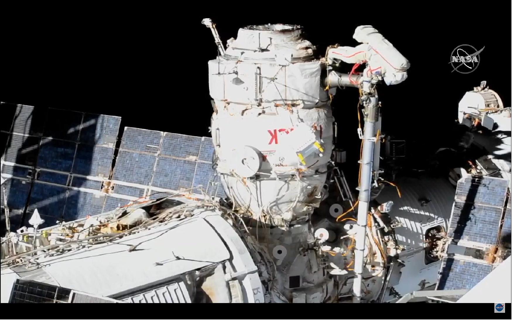 Figure 2: Outside the ISS, Oleg Novitsky and Pyotr Dubrov have completed a near 7 hour EVA/spacewalk, to finalize external preparations for the removal to the Pirs docking compartment that has served the Station for nearly 20 years (image credit: NASA)