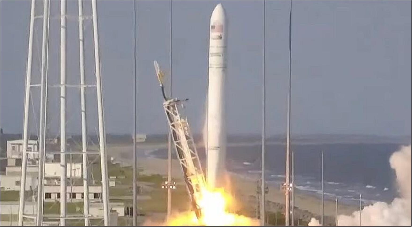 Figure 1: A Northrop Grumman Antares lifts off from Wallops Island, Virginia, 10 August, carrying a Cygnus cargo spacecraft bound for the International Space Station (image credit: NASA TV)