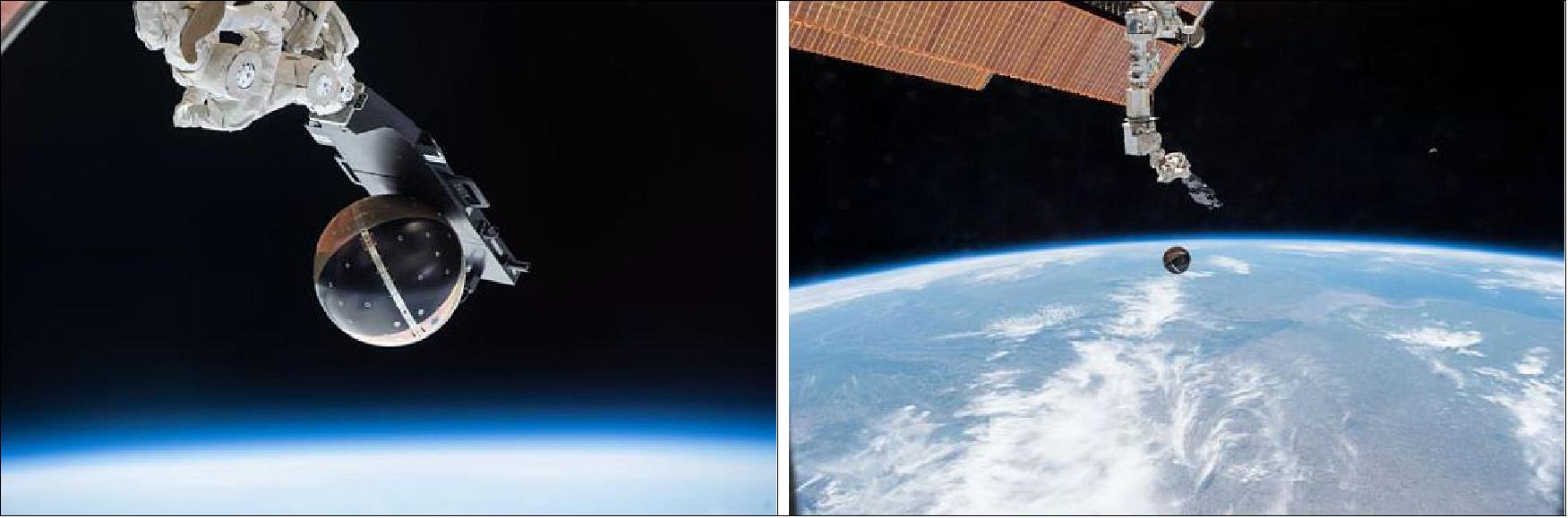 Figure 35: Left: SpinSat deployment from Cyclops; right: SpinSat photo shortly after deployment (image credit: NASA)
