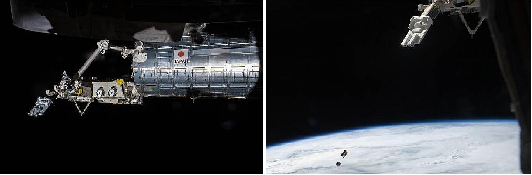 Figure 28: Operation for the satellite deployment. Left: Maneuver the MPEP to the appropriate deployment position; Right: The CubeSats in space after deployment (image credit JAXA/NASA)